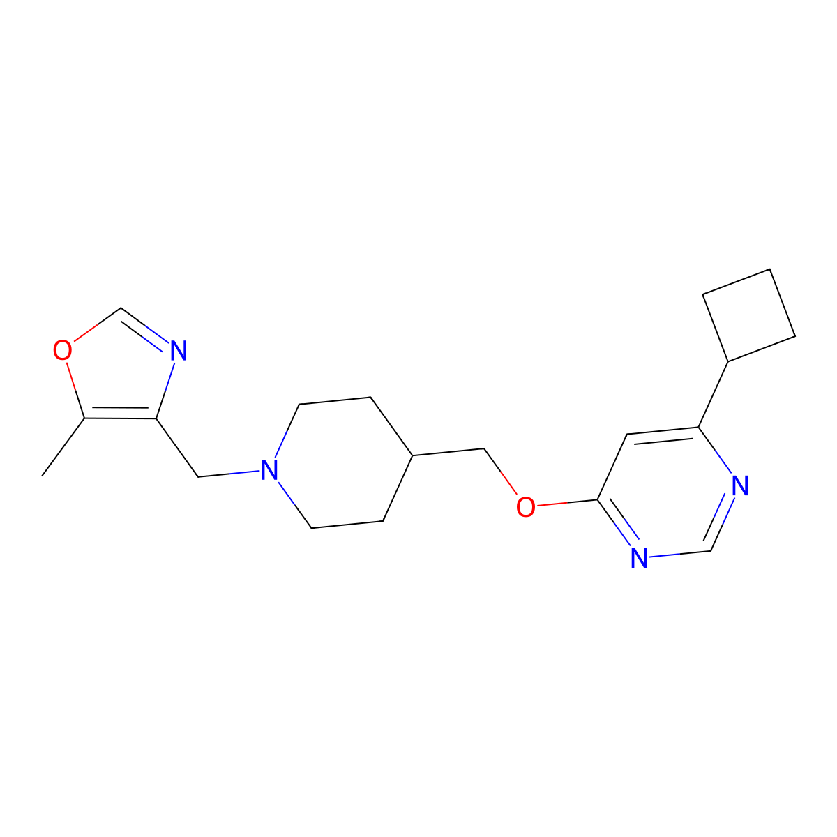 4-((4-(((6-Cyclobutylpyrimidin-4-yl)oxy)methyl)piperidin-1-yl)methyl)-5-methyloxazole molecular structure, CAS 2309537-32-2