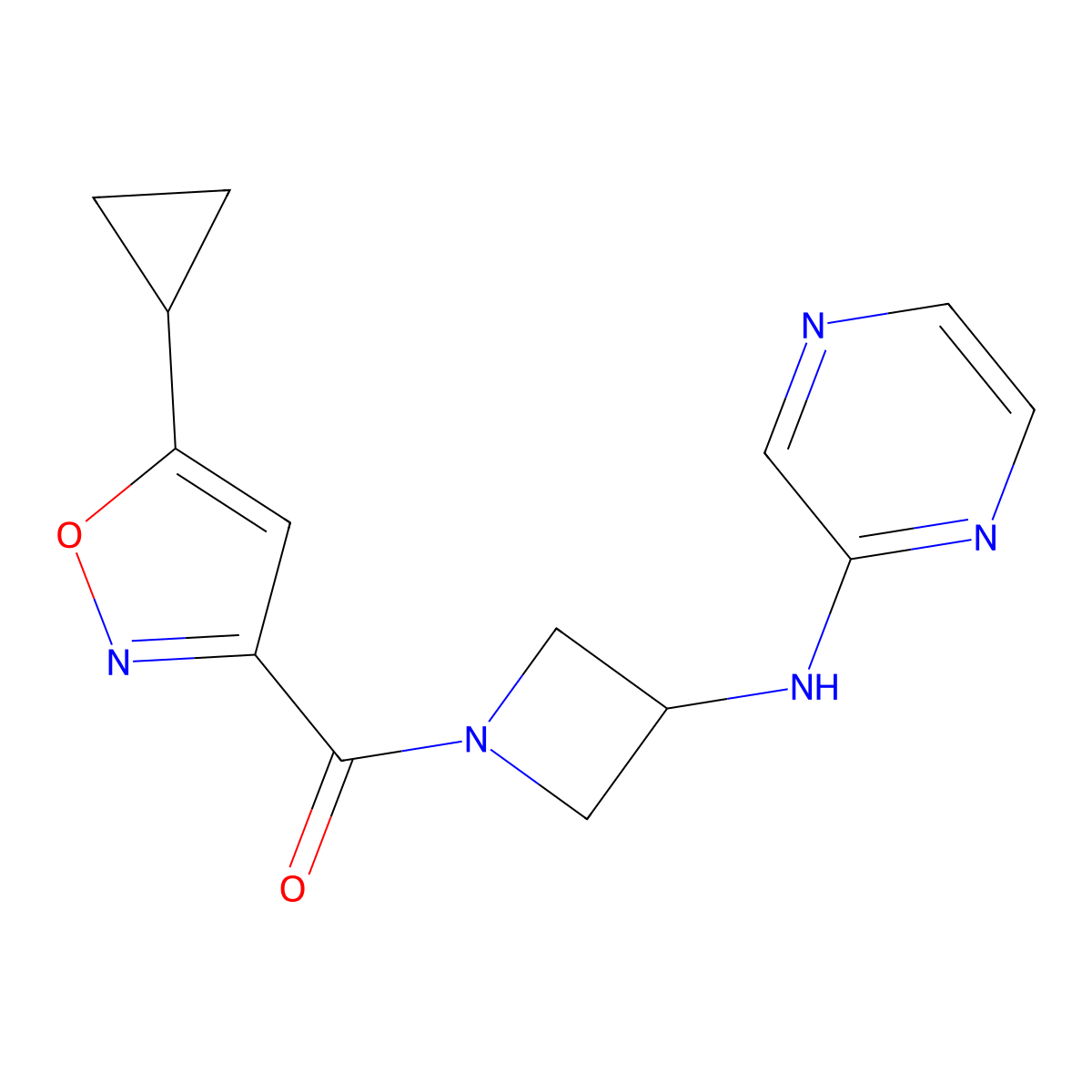 (5-Cyclopropylisoxazol-3-yl)(3-(pyrazin-2-ylamino)azetidin-1-yl)methanone molecular structure, CAS 2309537-52-6