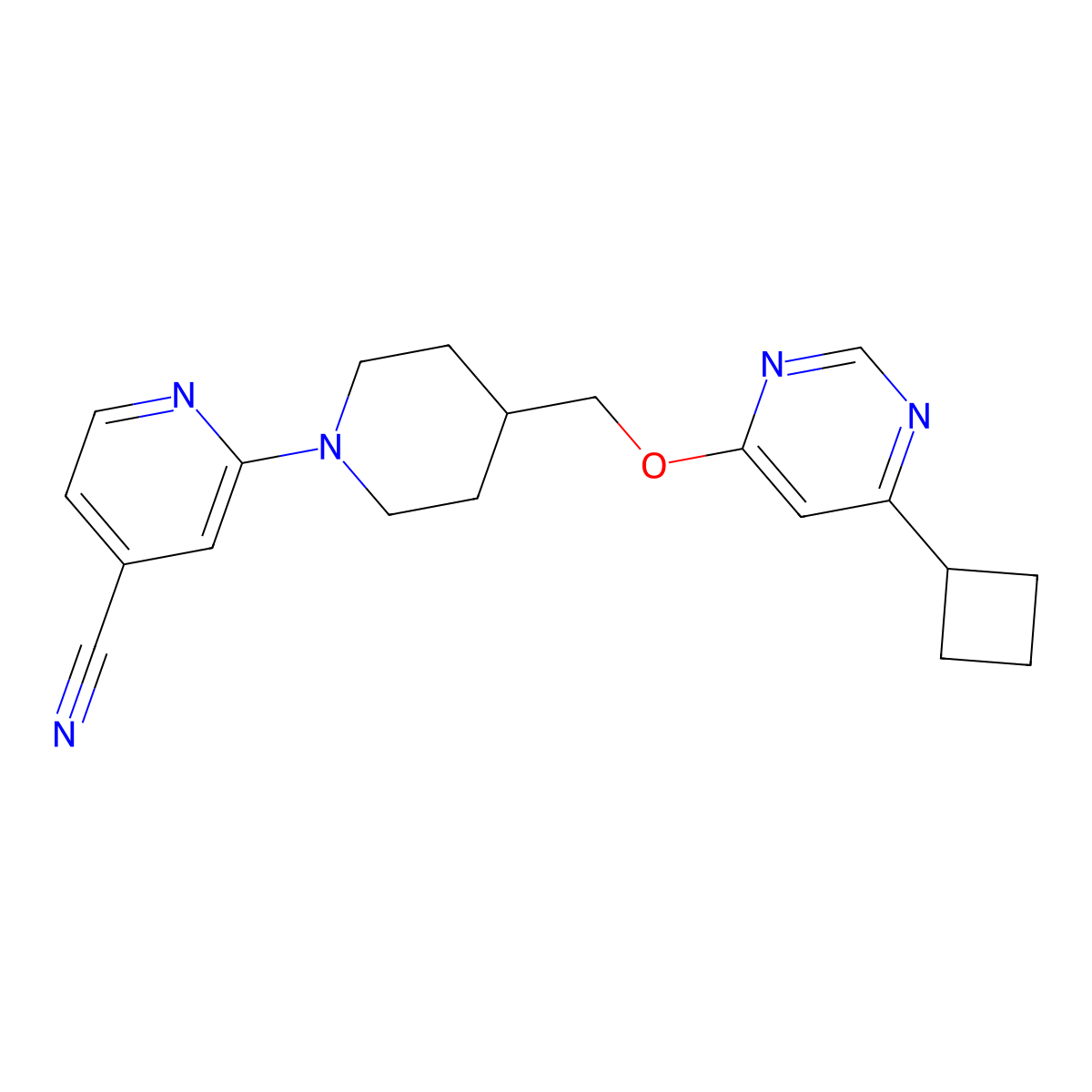 2-(4-{[(6-Cyclobutylpyrimidin-4-yl)oxy]methyl}piperidin-1-yl)pyridine-4-carbonitrile molecular structure, CAS 2309538-04-1