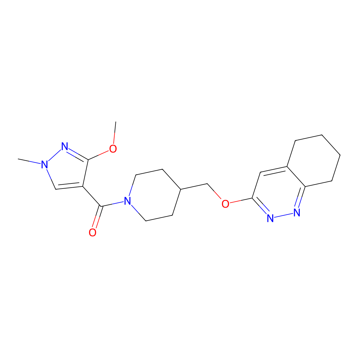 (3-methoxy-1-methyl-1H-pyrazol-4-yl)(4-(((5,6,7,8-tetrahydrocinnolin-3-yl)oxy)methyl)piperidin-1-yl)methanone molecular structure, CAS 2309539-88-4