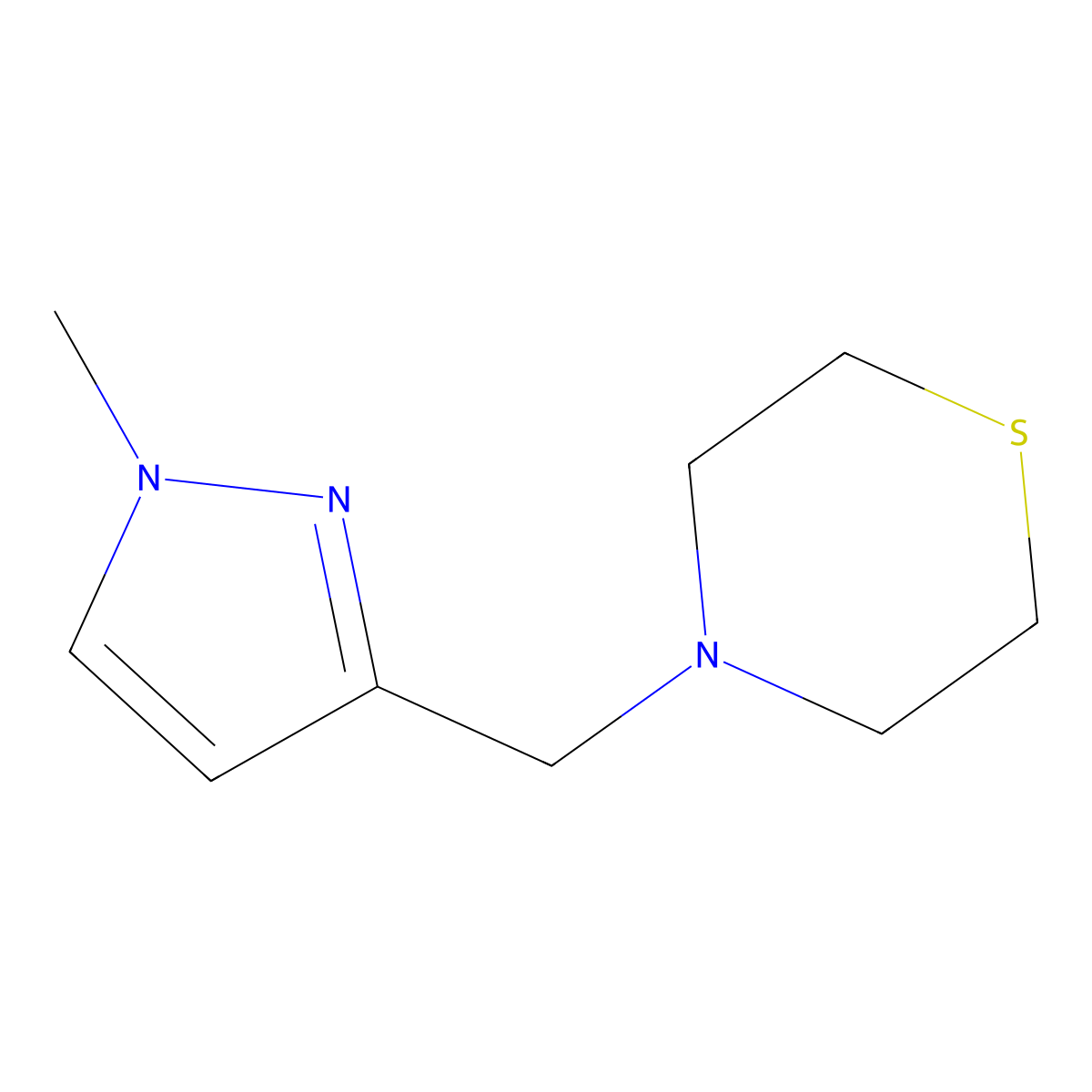 4-((1-methyl-1H-pyrazol-3-yl)methyl)thiomorpholine molecular structure, CAS 2309541-52-2