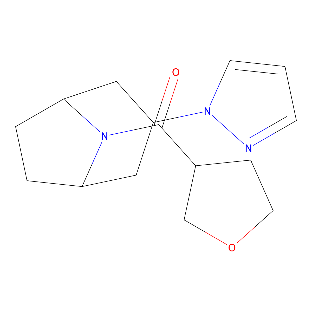8-(oxolane-3-carbonyl)-3-(1H-pyrazol-1-yl)-8-azabicyclo[3.2.1]octane molecular structure, CAS 2309542-52-5
