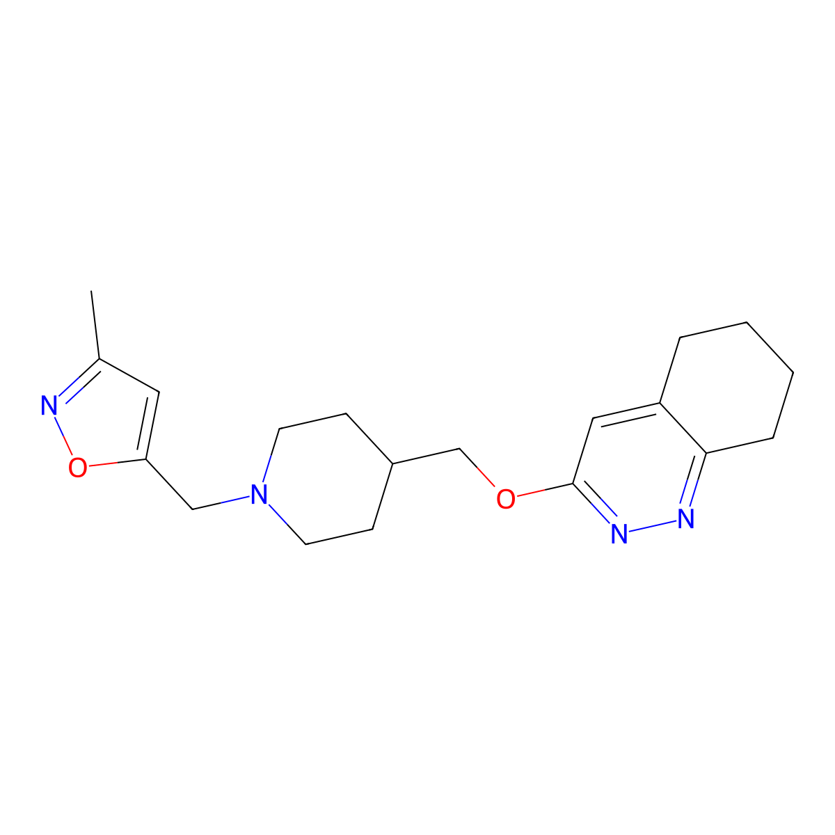 3-Methyl-5-((4-(((5,6,7,8-tetrahydrocinnolin-3-yl)oxy)methyl)piperidin-1-yl)methyl)isoxazole molecular structure, CAS 2309551-10-6