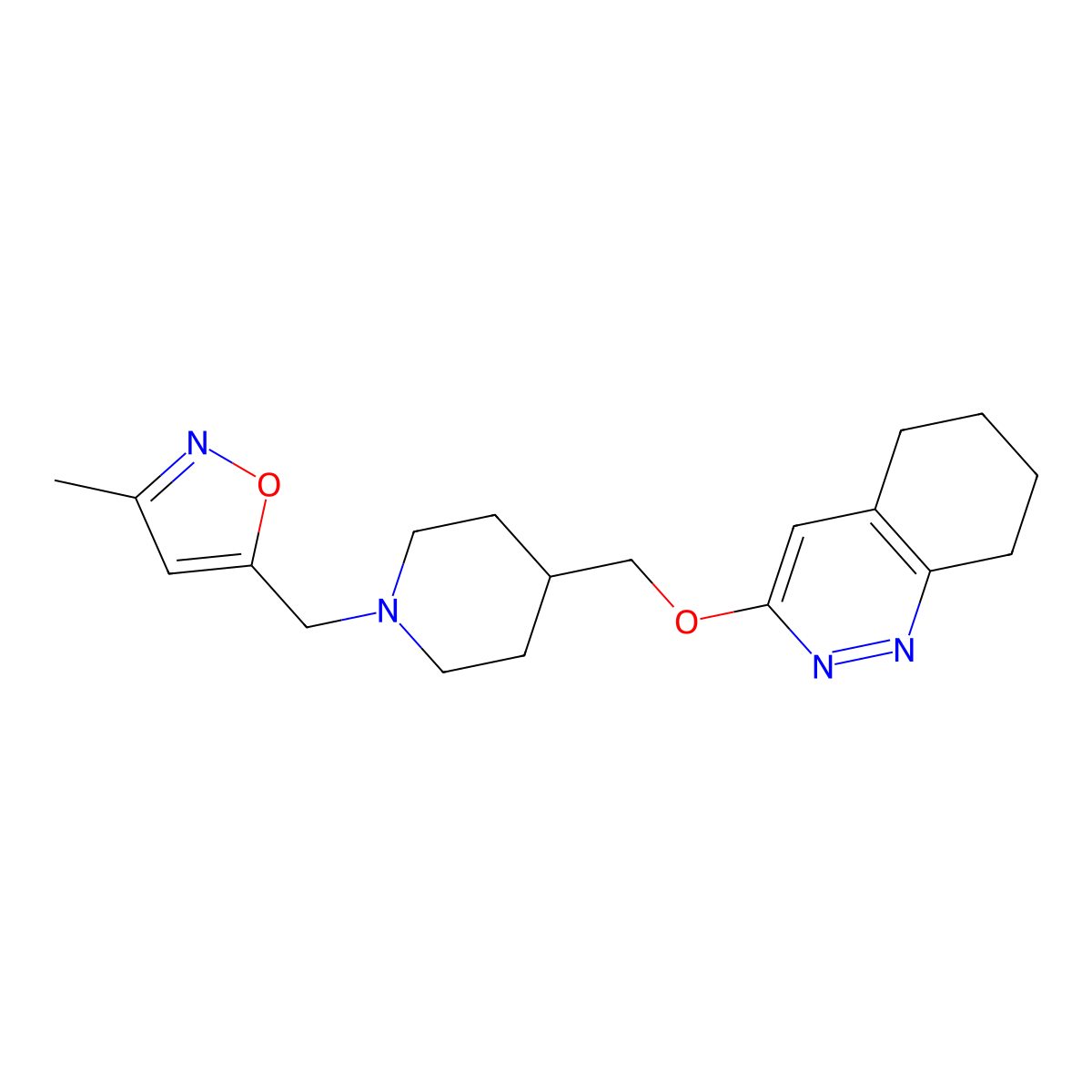 3-Methyl-5-((4-(((5,6,7,8-tetrahydrocinnolin-3-yl)oxy)methyl)piperidin-1-yl)methyl)isoxazole molecular structure, CAS 2309551-10-6