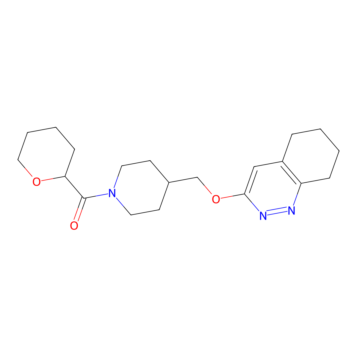 3-{[1-(Oxane-2-carbonyl)piperidin-4-yl]methoxy}-5,6,7,8-tetrahydrocinnoline molecular structure, CAS 2309551-20-8