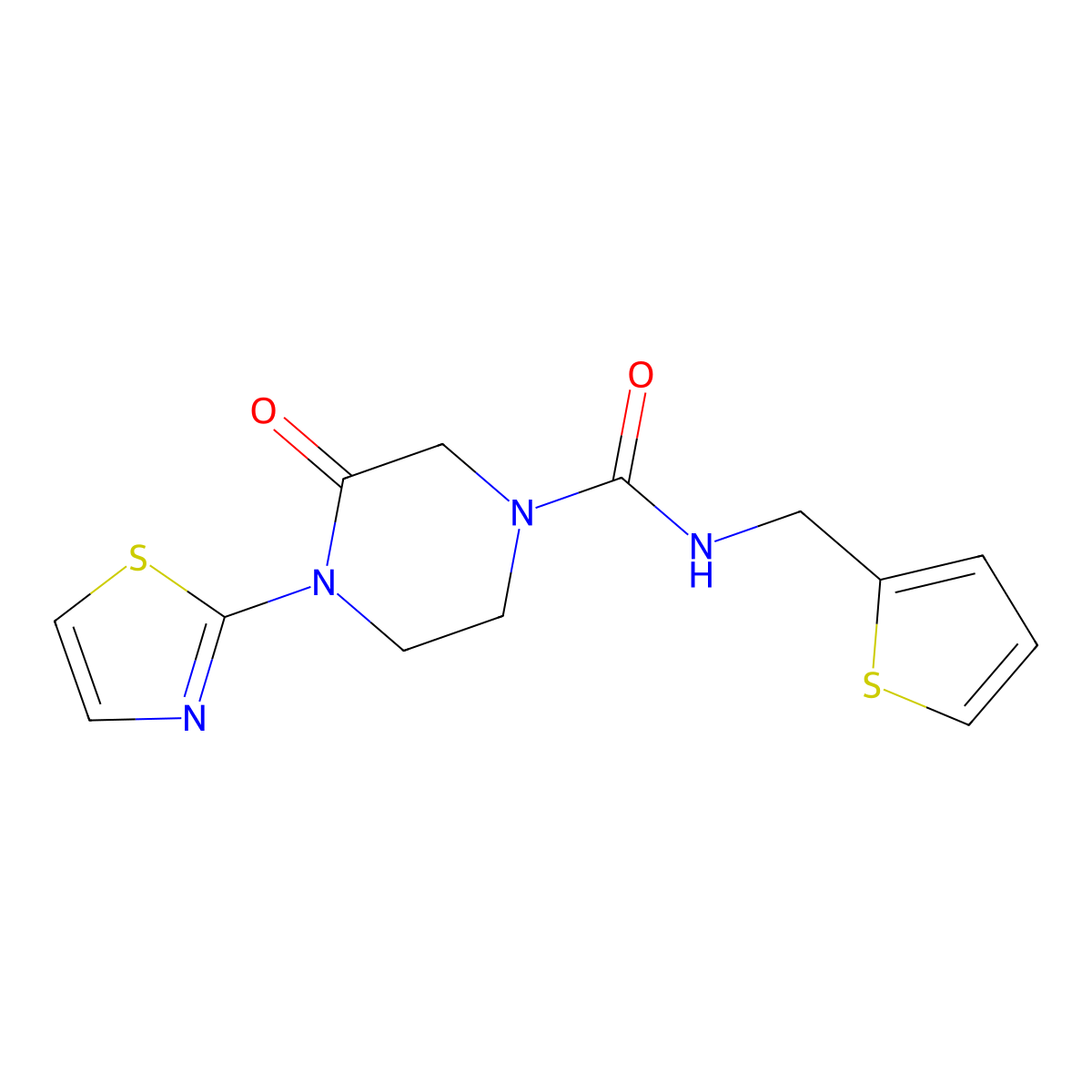 3-oxo-4-(thiazol-2-yl)-N-(thiophen-2-ylmethyl)piperazine-1-carboxamide molecular structure, CAS 2309551-87-7