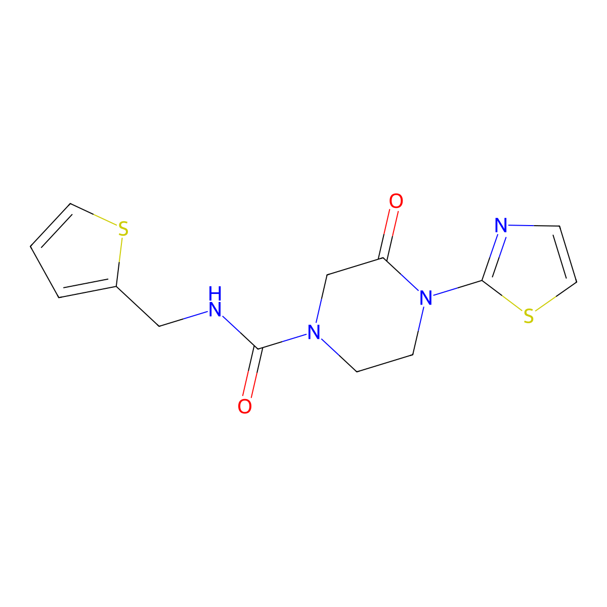 3-oxo-4-(thiazol-2-yl)-N-(thiophen-2-ylmethyl)piperazine-1-carboxamide molecular structure, CAS 2309551-87-7