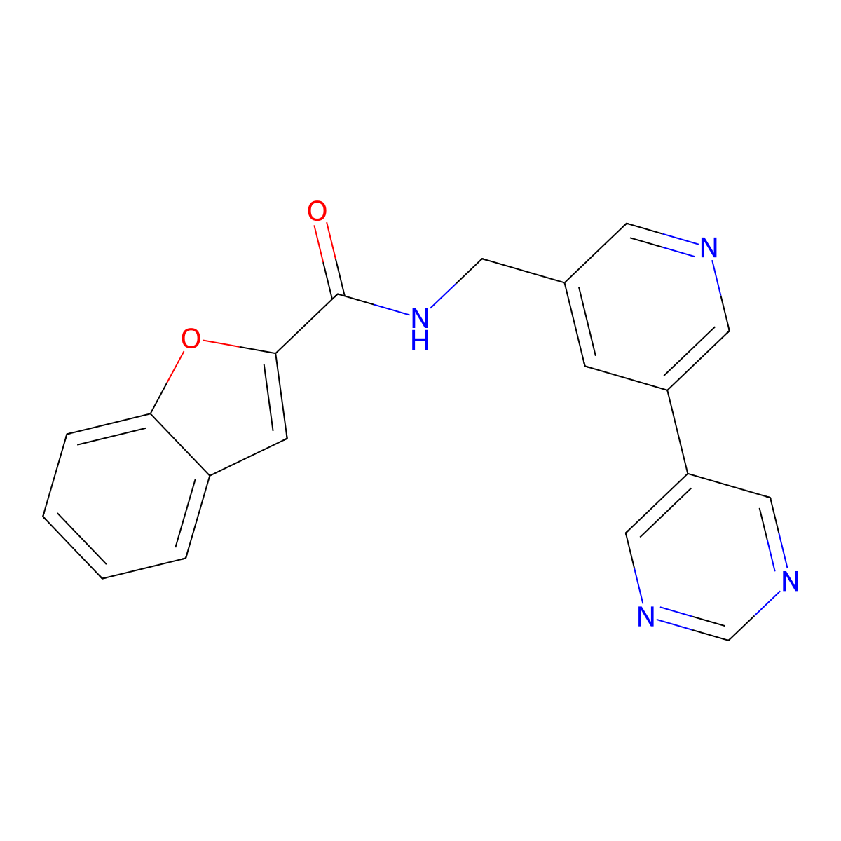 N-{[5-(pyrimidin-5-yl)pyridin-3-yl]methyl}-1-benzofuran-2-carboxamide molecular structure, CAS 2309552-09-6