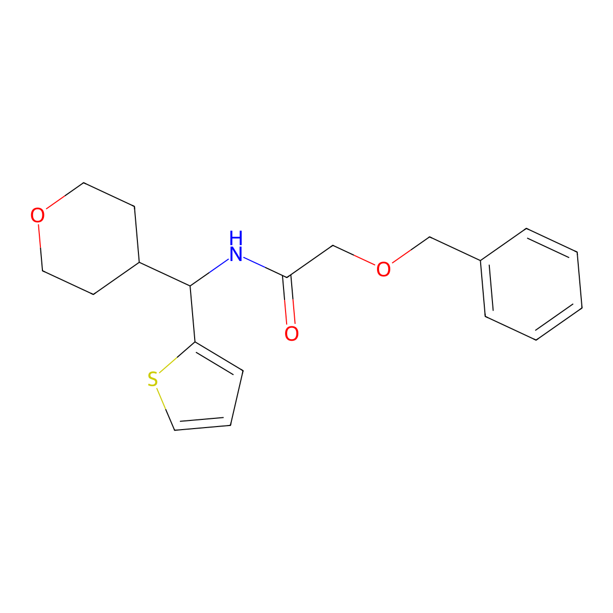 2-(benzyloxy)-N-[(oxan-4-yl)(thiophen-2-yl)methyl]acetamide molecular structure, CAS 2309552-61-0