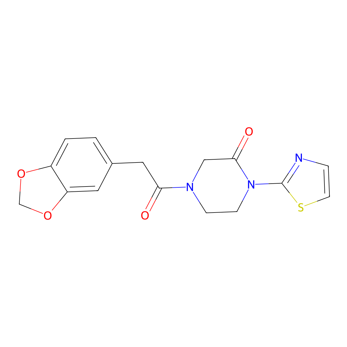 4-[2-(2H-1,3-benzodioxol-5-yl)acetyl]-1-(1,3-thiazol-2-yl)piperazin-2-one molecular structure, CAS 2309552-70-1