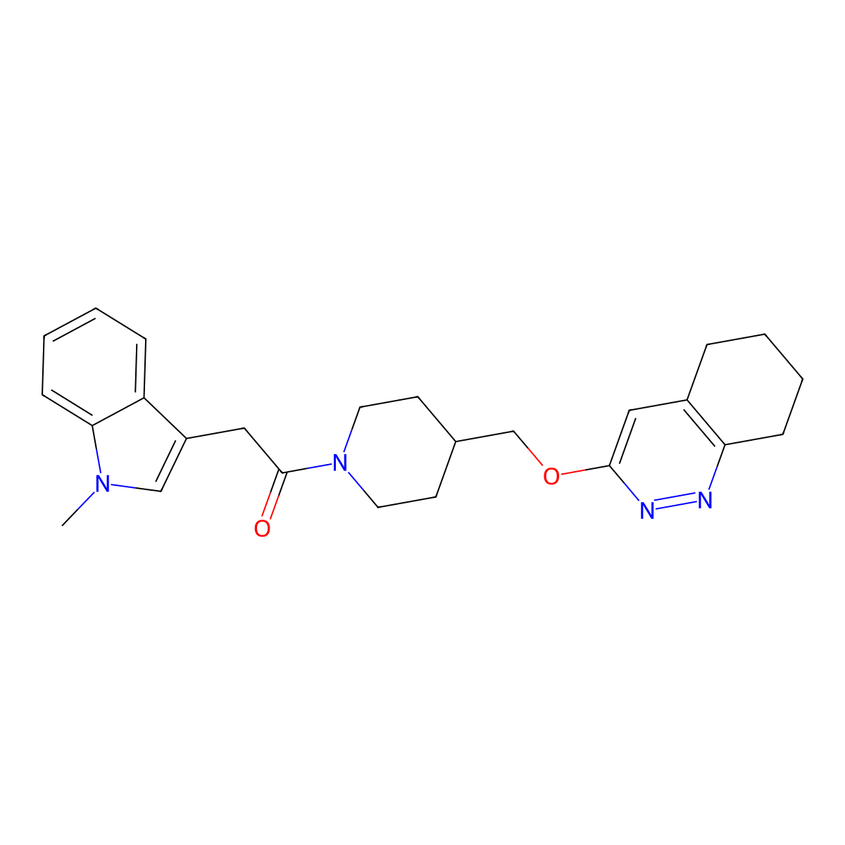 2-(1-methyl-1H-indol-3-yl)-1-{4-[(5,6,7,8-tetrahydrocinnolin-3-yloxy)methyl]piperidin-1-yl}ethan-1-one molecular structure, CAS 2309552-94-9