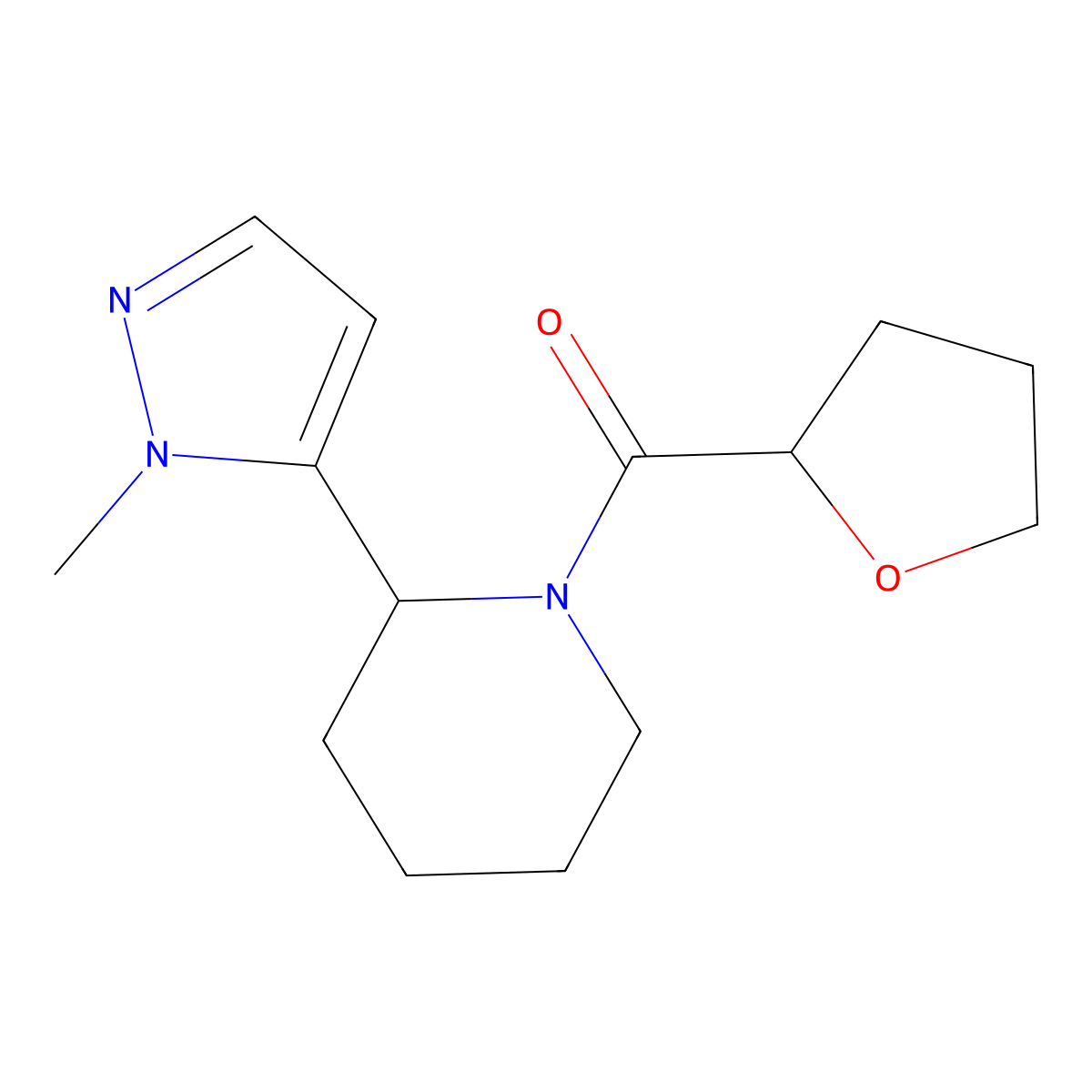 2-(1-methyl-1H-pyrazol-5-yl)-1-(oxolane-2-carbonyl)piperidine molecular structure, CAS 2309553-13-5