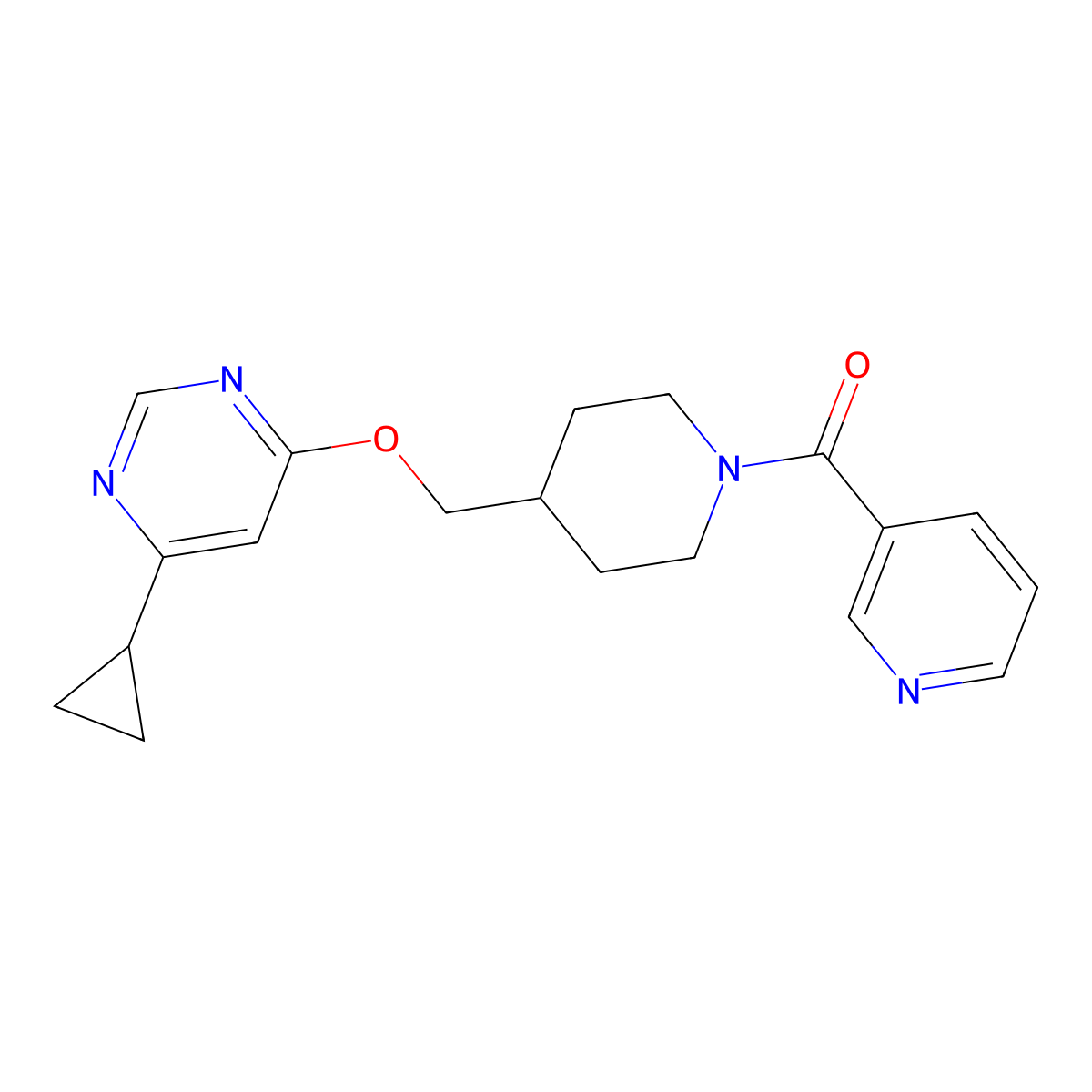 4-Cyclopropyl-6-{[1-(pyridine-3-carbonyl)piperidin-4-yl]methoxy}pyrimidine molecular structure, CAS 2309553-55-5