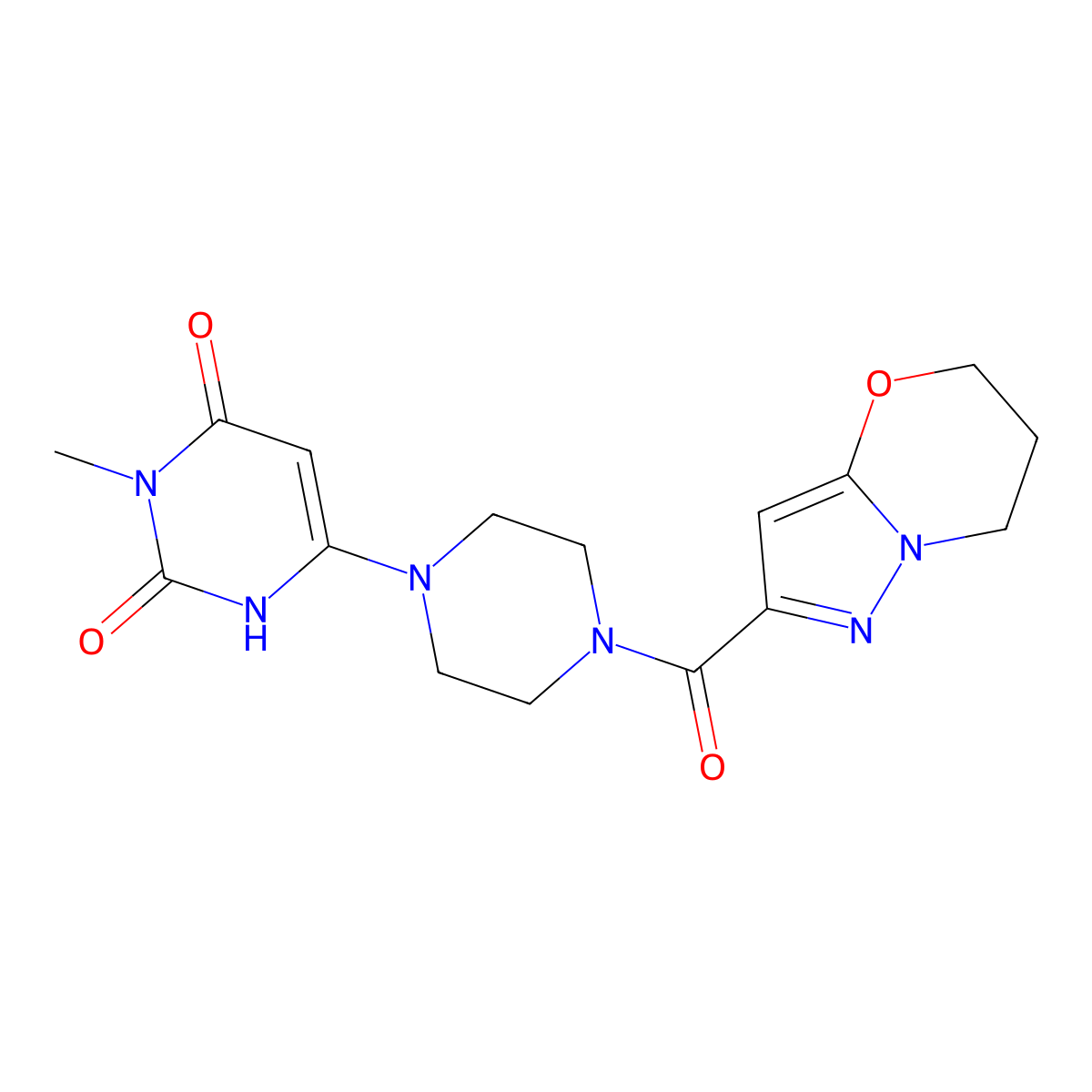 6-(4-(6,7-dihydro-5H-pyrazolo[5,1-b][1,3]oxazine-2-carbonyl)piperazin-1-yl)-3-methylpyrimidine-2,4(1H,3H)-dione molecular structure, CAS 2309553-57-7