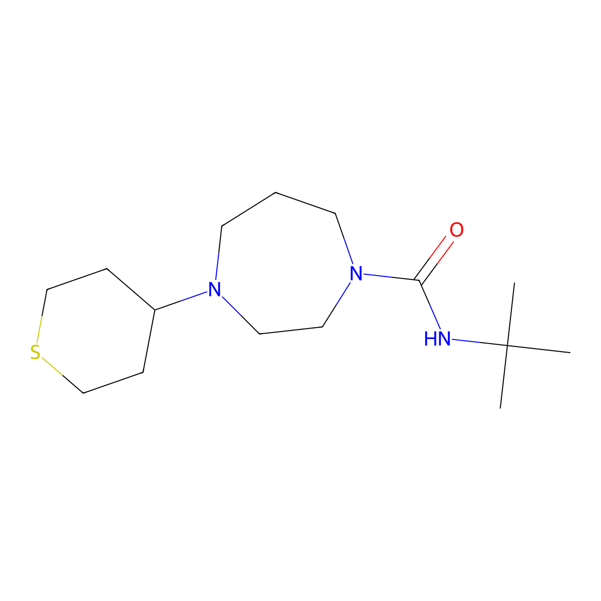 N-Tert-butyl-4-(thian-4-yl)-1,4-diazepane-1-carboxamide molecular structure, CAS 2309554-20-7