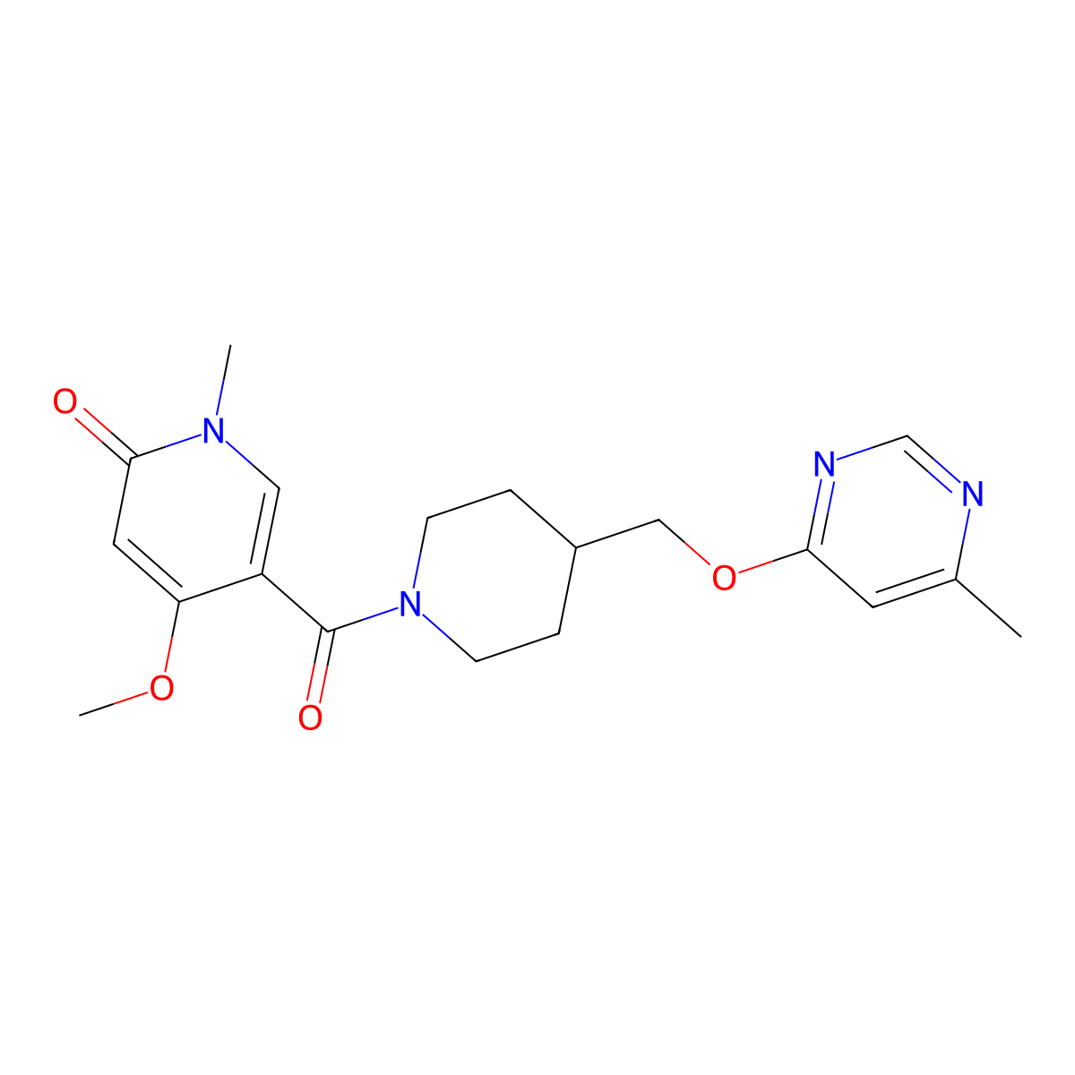 4-Methoxy-1-methyl-5-(4-{[(6-methylpyrimidin-4-yl)oxy]methyl}piperidine-1-carbonyl)-1,2-dihydropyridin-2-one molecular structure, CAS 2309554-25-2