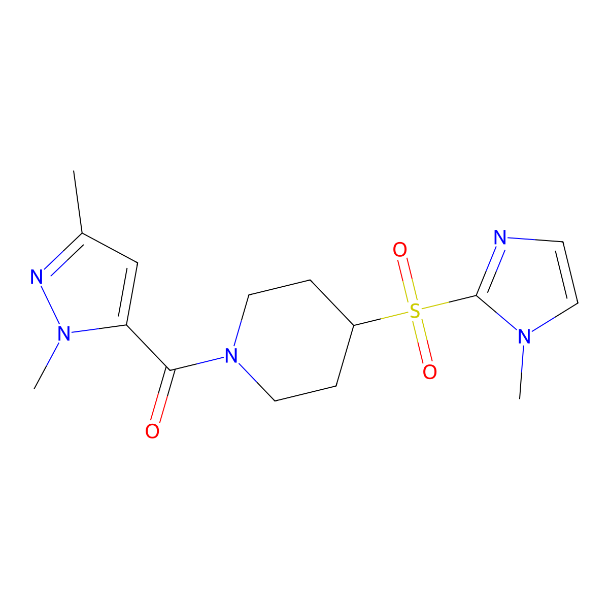 (1,3-dimethyl-1H-pyrazol-5-yl)(4-((1-methyl-1H-imidazol-2-yl)sulfonyl)piperidin-1-yl)methanone molecular structure, CAS 2309555-07-3