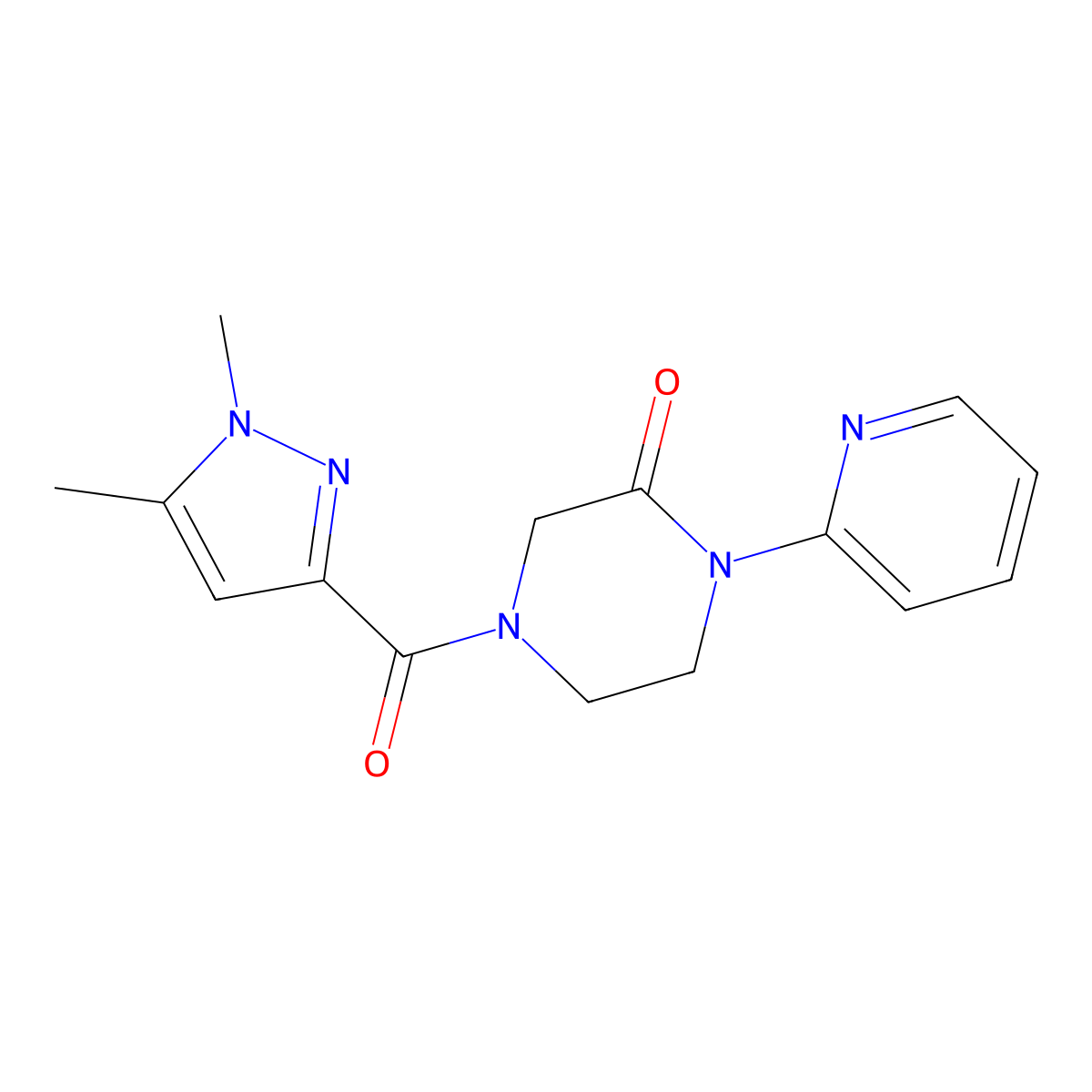 4-(1,5-dimethyl-1H-pyrazole-3-carbonyl)-1-(pyridin-2-yl)piperazin-2-one molecular structure, CAS 2309555-27-7