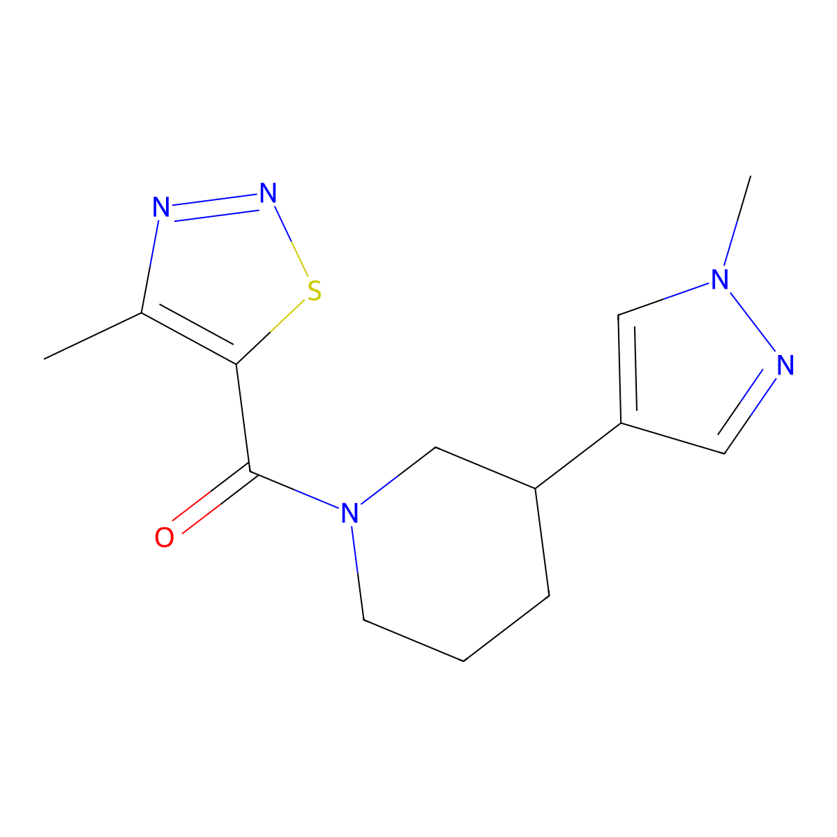 1-(4-methyl-1,2,3-thiadiazole-5-carbonyl)-3-(1-methyl-1H-pyrazol-4-yl)piperidine molecular structure, CAS 2309556-44-1