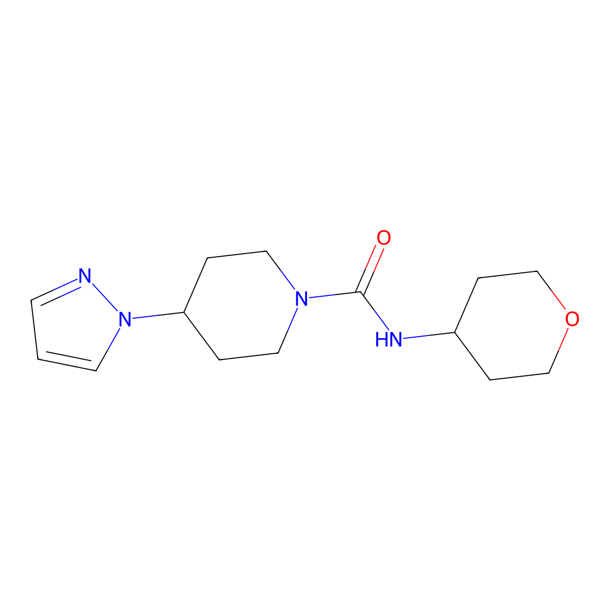 N-(oxan-4-yl)-4-(1H-pyrazol-1-yl)piperidine-1-carboxamide molecular structure, CAS 2309557-02-4