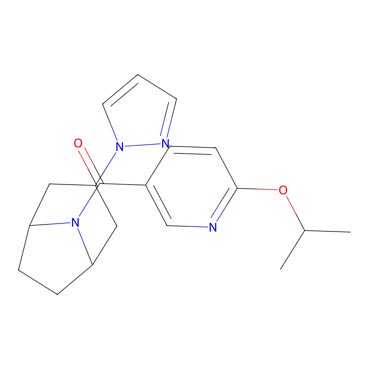 8-[6-(propan-2-yloxy)pyridine-3-carbonyl]-3-(1H-pyrazol-1-yl)-8-azabicyclo[3.2.1]octane molecular structure, CAS 2309557-22-8