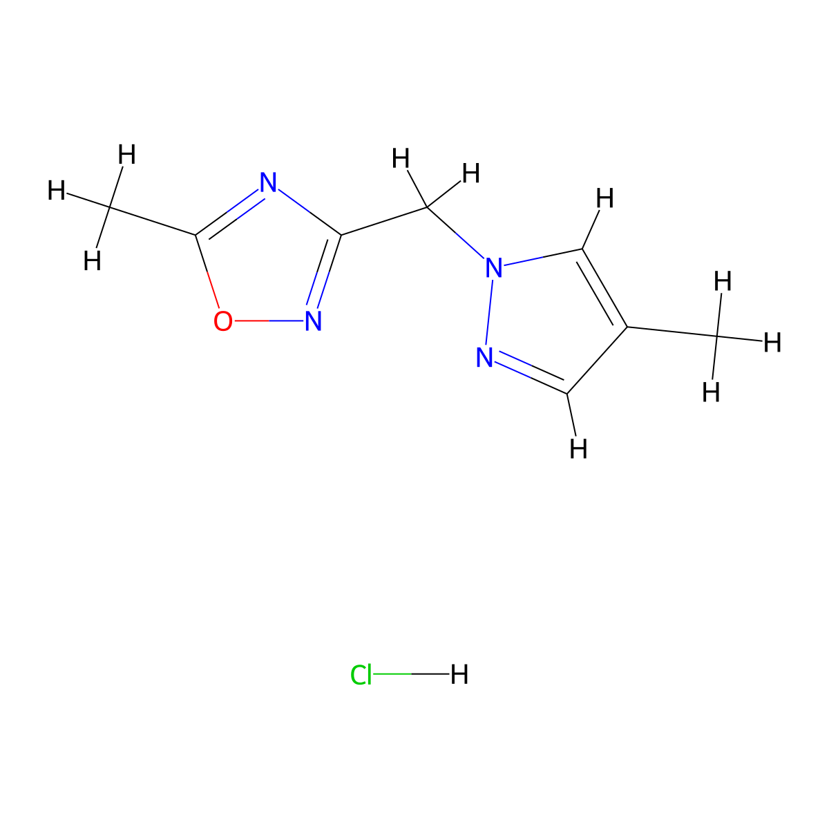 5-methyl-3-[(4-methyl-1H-pyrazol-1-yl)methyl]-1,2,4-oxadiazole hydrochloride molecular structure, CAS 2309557-40-0