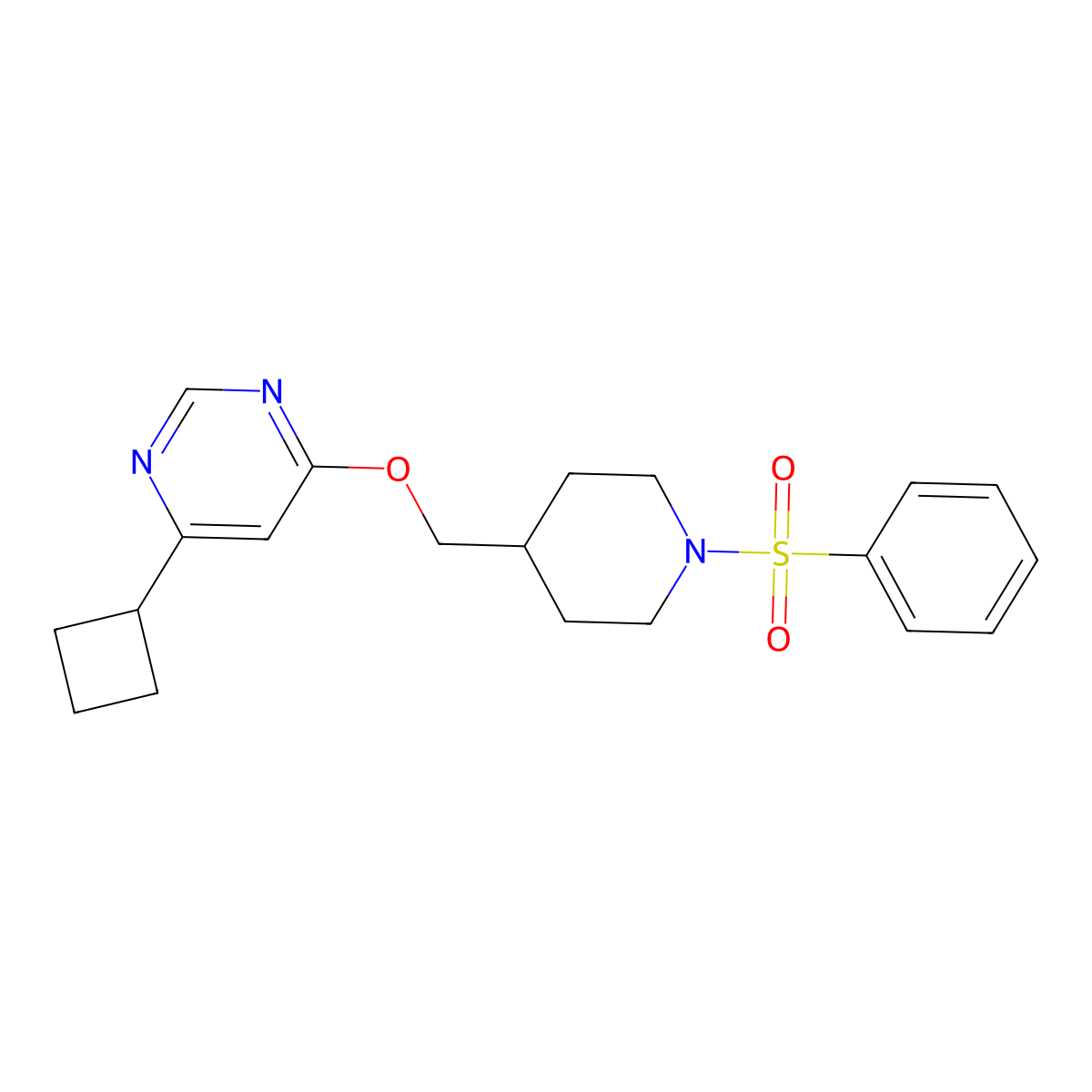 4-{[1-(Benzenesulfonyl)piperidin-4-yl]methoxy}-6-cyclobutylpyrimidine molecular structure, CAS 2309557-54-6