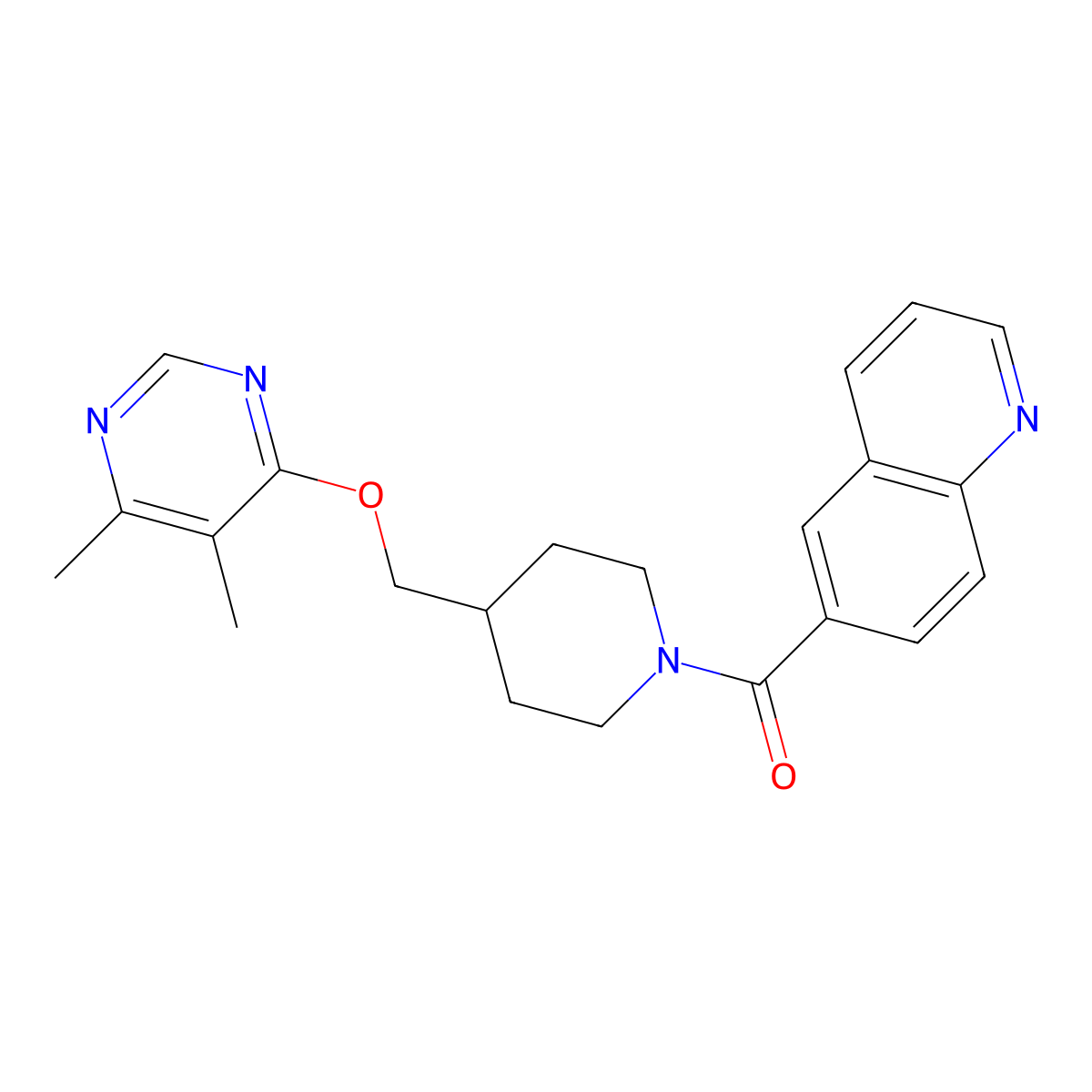 6-(4-{[(5,6-Dimethylpyrimidin-4-yl)oxy]methyl}piperidine-1-carbonyl)quinoline molecular structure, CAS 2309557-63-7