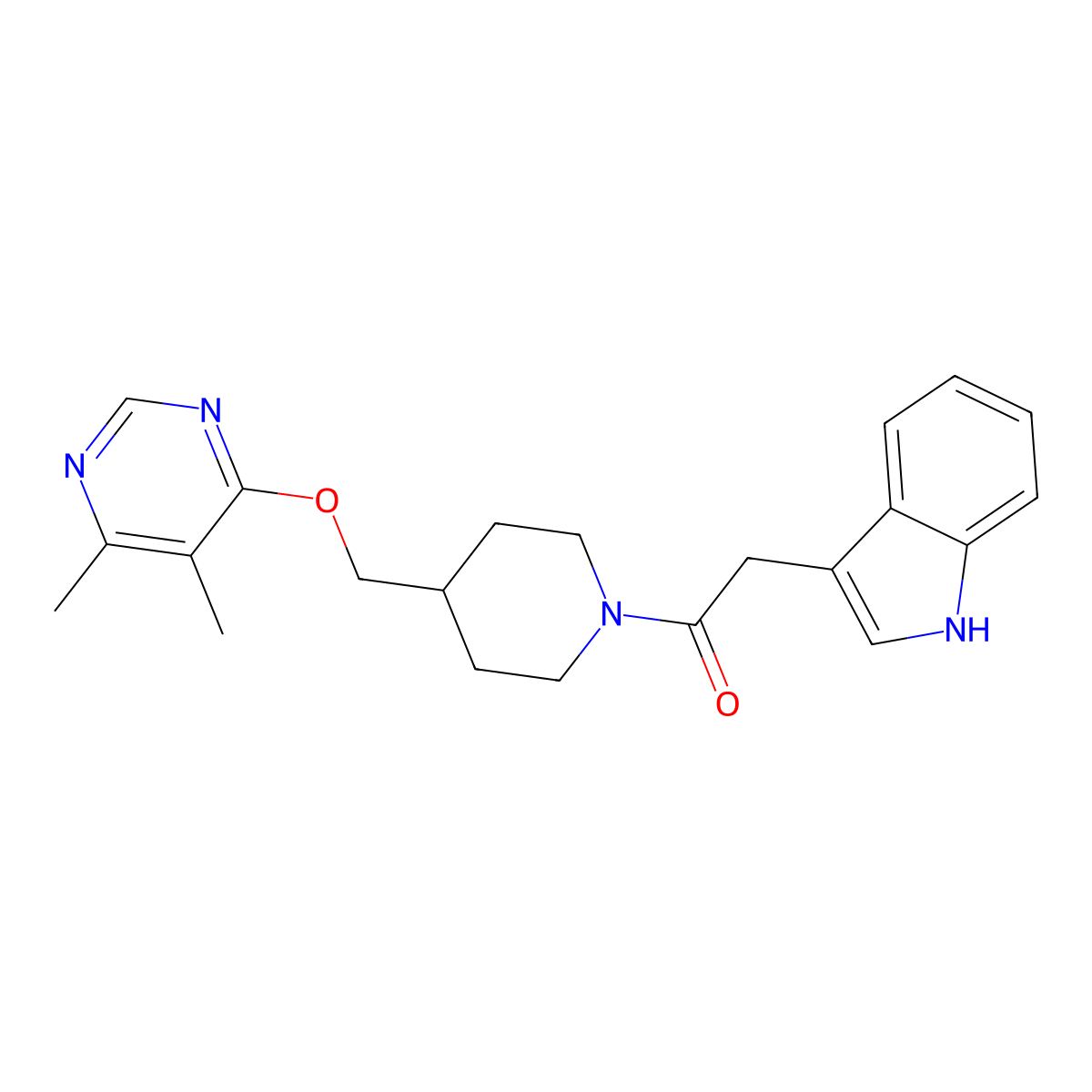 1-(4-{[(5,6-dimethylpyrimidin-4-yl)oxy]methyl}piperidin-1-yl)-2-(1H-indol-3-yl)ethan-1-one molecular structure, CAS 2309557-70-6