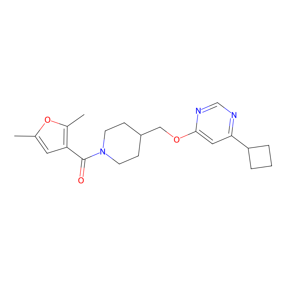 4-Cyclobutyl-6-{[1-(2,5-dimethylfuran-3-carbonyl)piperidin-4-yl]methoxy}pyrimidine molecular structure, CAS 2309568-30-5