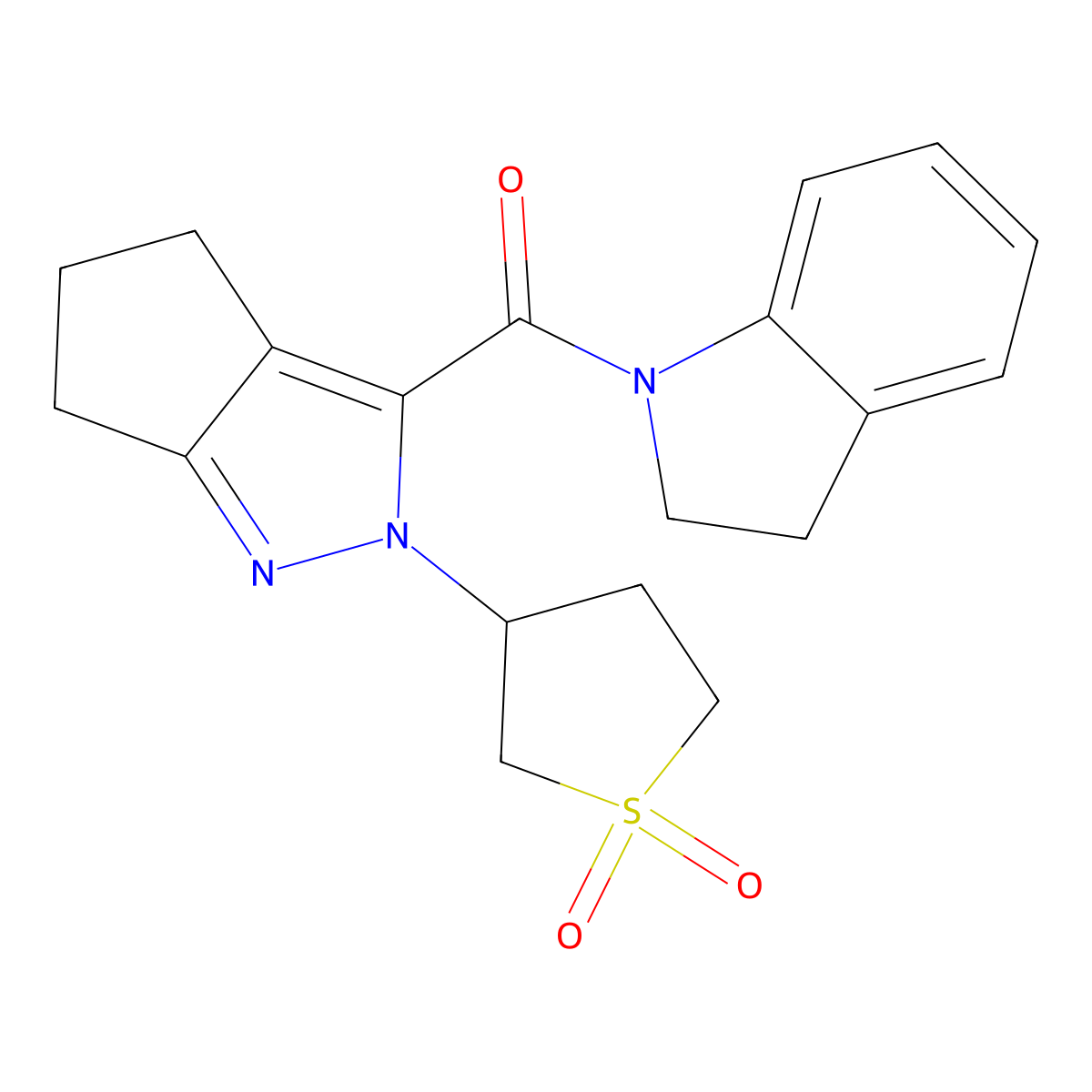 (2-(1,1-Dioxidotetrahydrothiophen-3-yl)-2,4,5,6-tetrahydrocyclopenta[c]pyrazol-3-yl)(indolin-1-yl)methanone molecular structure, CAS 2309568-36-1