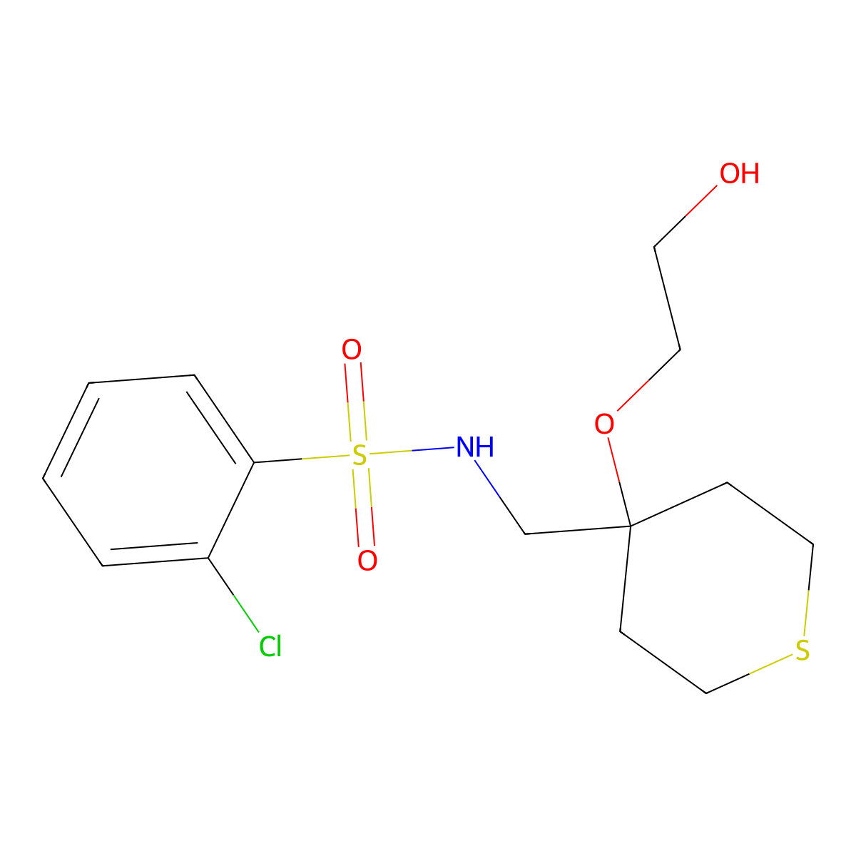 2-chloro-N-{[4-(2-hydroxyethoxy)thian-4-yl]methyl}benzene-1-sulfonamide molecular structure, CAS 2309568-50-9