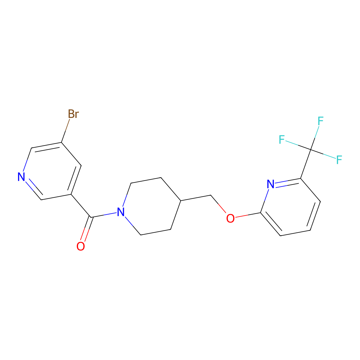 3-Bromo-5-[4-({[6-(trifluoromethyl)pyridin-2-yl]oxy}methyl)piperidine-1-carbonyl]pyridine molecular structure, CAS 2309568-64-5