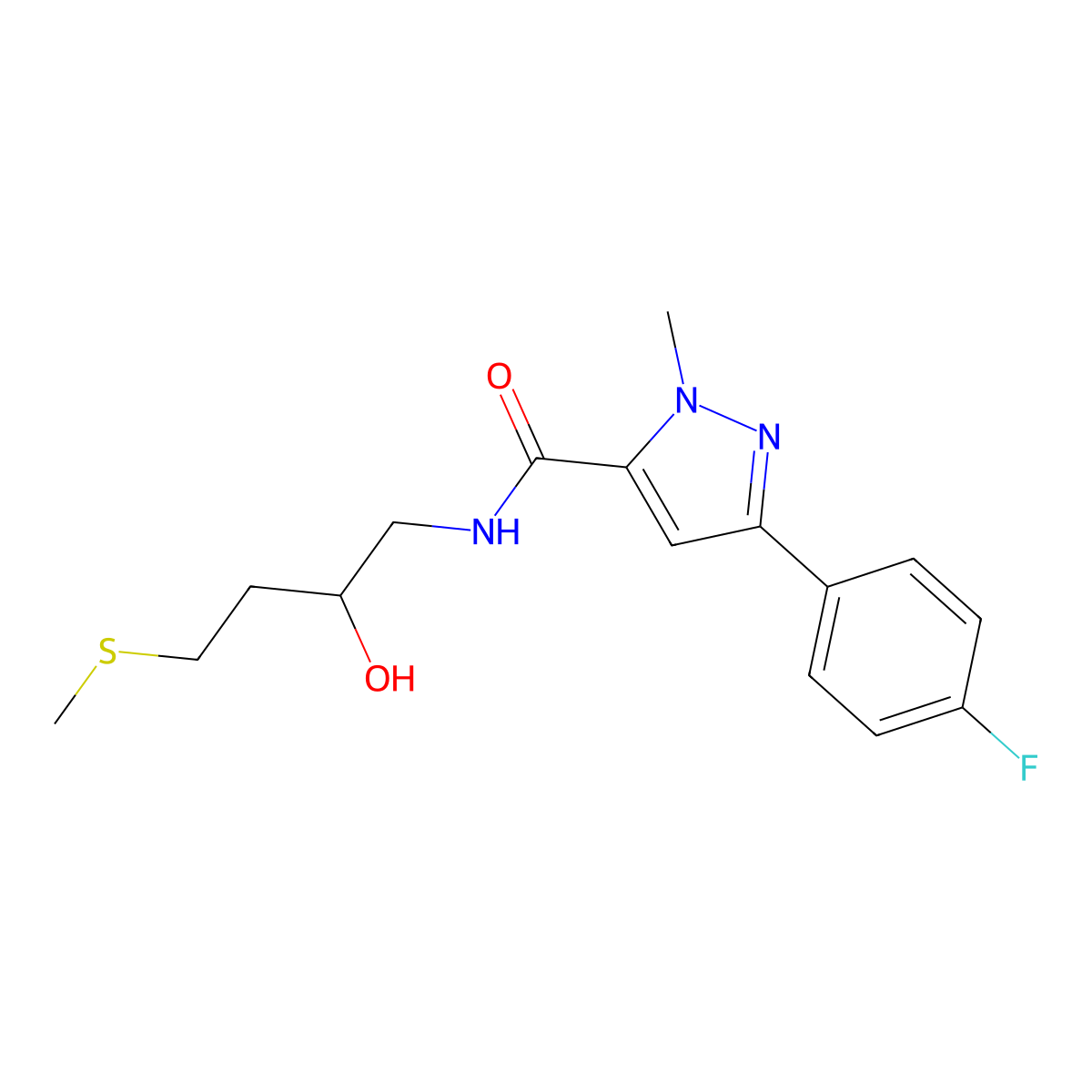 3-(4-fluorophenyl)-N-[2-hydroxy-4-(methylsulfanyl)butyl]-1-methyl-1H-pyrazole-5-carboxamide molecular structure, CAS 2309569-36-4