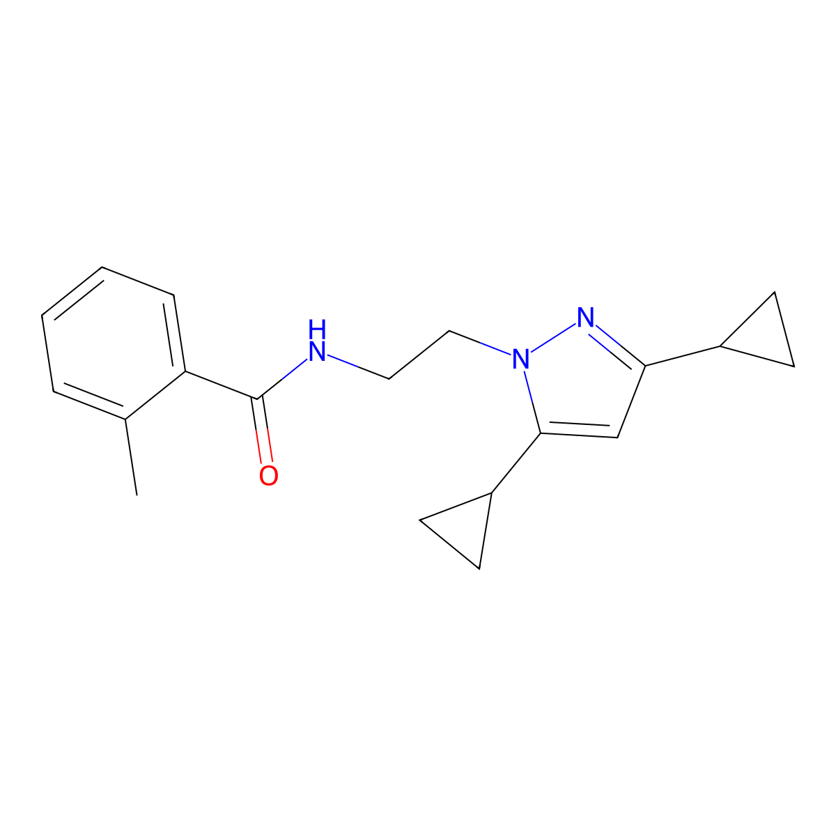 N-(2-(3,5-dicyclopropyl-1H-pyrazol-1-yl)ethyl)-2-methylbenzamide molecular structure, CAS 2309571-66-0