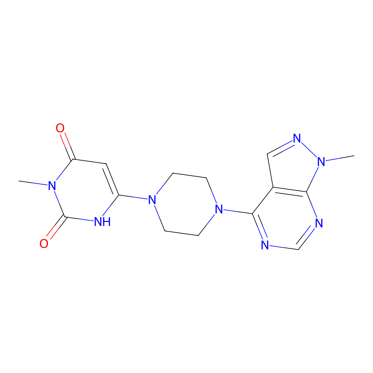 3-methyl-6-(4-(1-methyl-1H-pyrazolo[3,4-d]pyrimidin-4-yl)piperazin-1-yl)pyrimidine-2,4(1H,3H)-dione molecular structure, CAS 2309572-15-2
