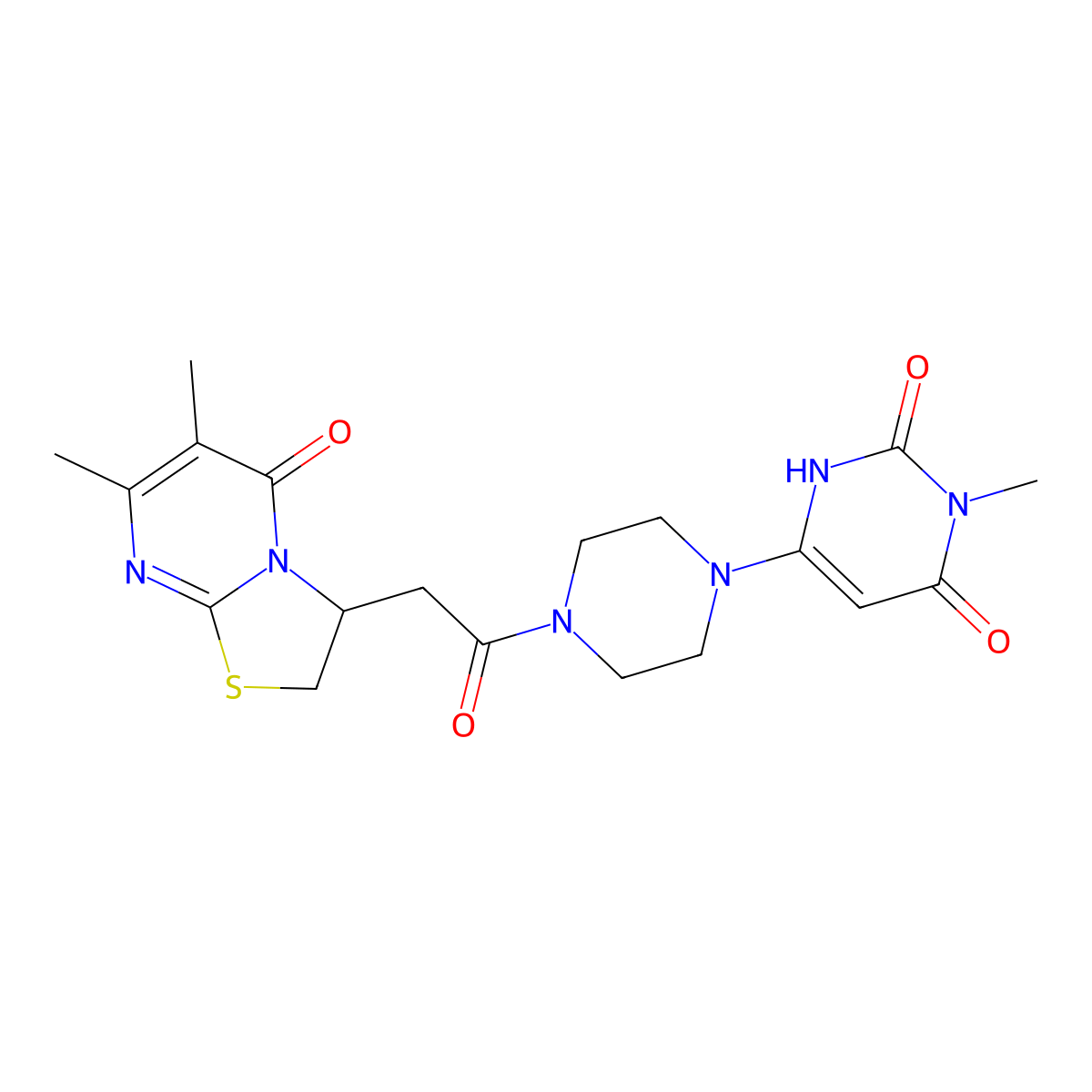 6-[4-[2-(6,7-Dimethyl-5-oxo-2,3-dihydro-[1,3]thiazolo[3,2-a]pyrimidin-3-yl)acetyl]piperazin-1-yl]-3-methyl-1H-pyrimidine-2,4-dione molecular structure, CAS 2309572-20-9
