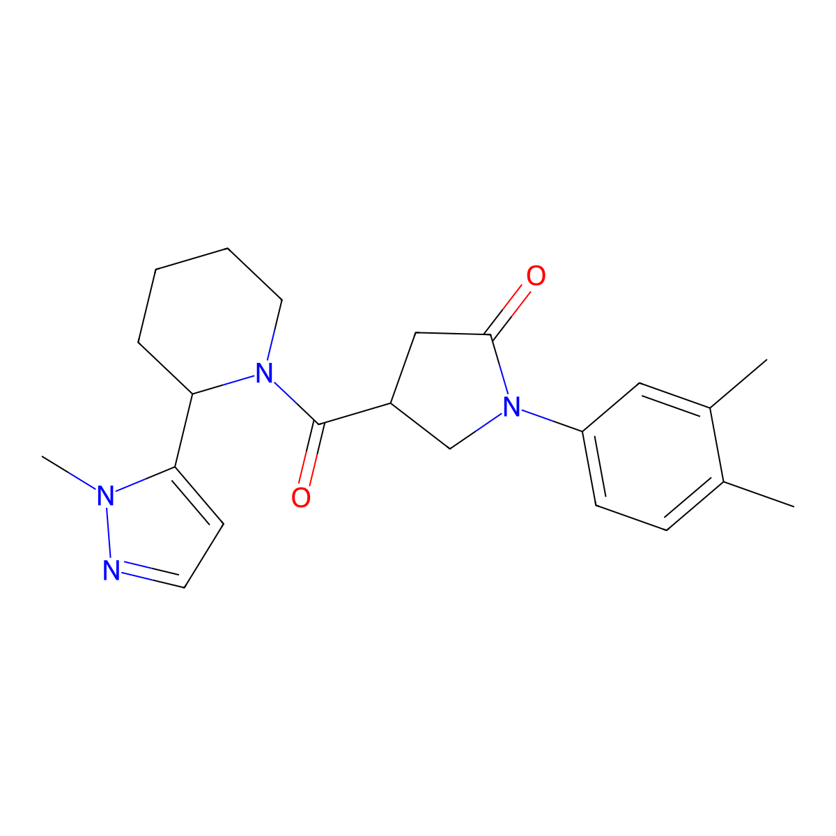 1-(3,4-dimethylphenyl)-4-[2-(1-methyl-1H-pyrazol-5-yl)piperidine-1-carbonyl]pyrrolidin-2-one molecular structure, CAS 2309572-79-8