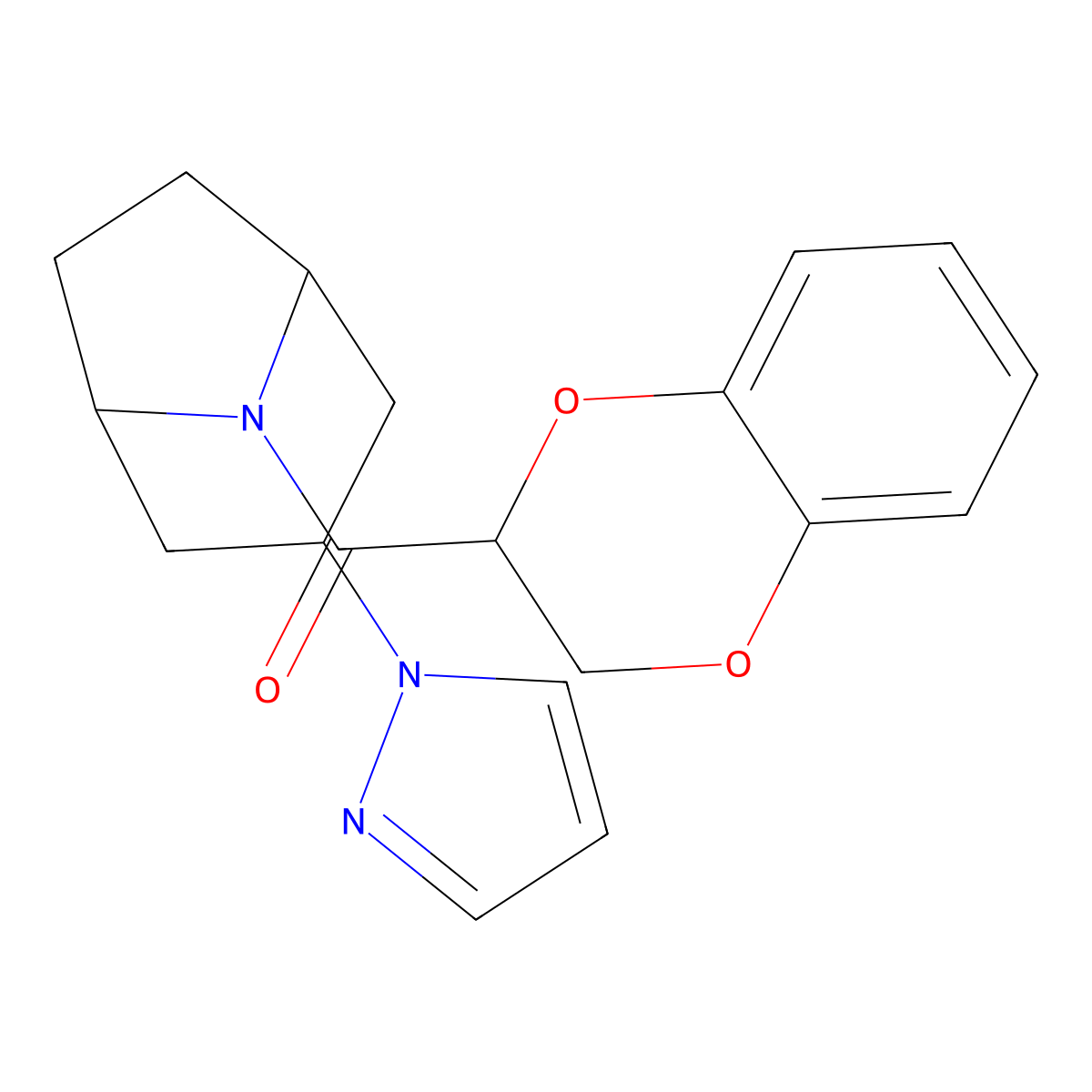 8-(2,3-dihydro-1,4-benzodioxine-2-carbonyl)-3-(1H-pyrazol-1-yl)-8-azabicyclo[3.2.1]octane molecular structure, CAS 2309572-89-0
