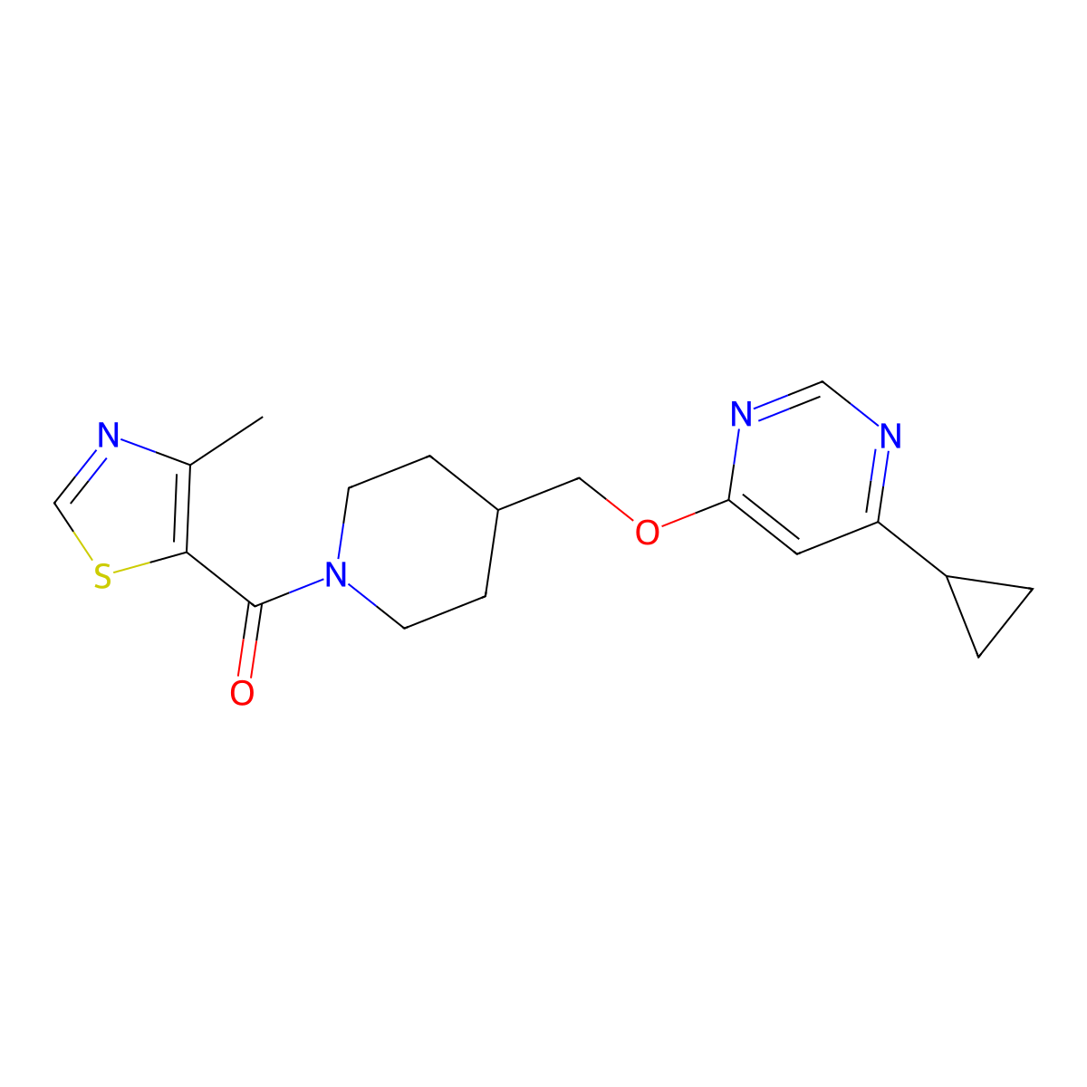 4-Cyclopropyl-6-{[1-(4-methyl-1,3-thiazole-5-carbonyl)piperidin-4-yl]methoxy}pyrimidine molecular structure, CAS 2309573-23-5