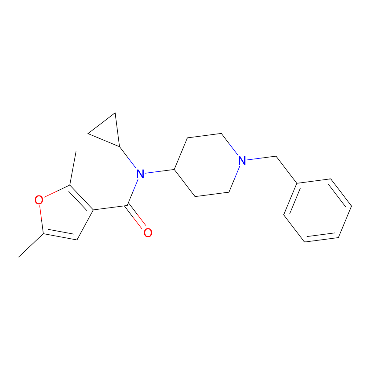 N-(1-benzylpiperidin-4-yl)-N-cyclopropyl-2,5-dimethylfuran-3-carboxamide molecular structure, CAS 2309573-78-0