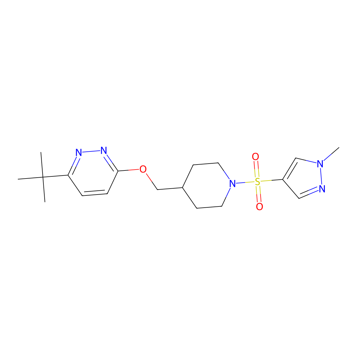 3-tert-butyl-6-({1-[(1-methyl-1H-pyrazol-4-yl)sulfonyl]piperidin-4-yl}methoxy)pyridazine molecular structure, CAS 2309573-84-8
