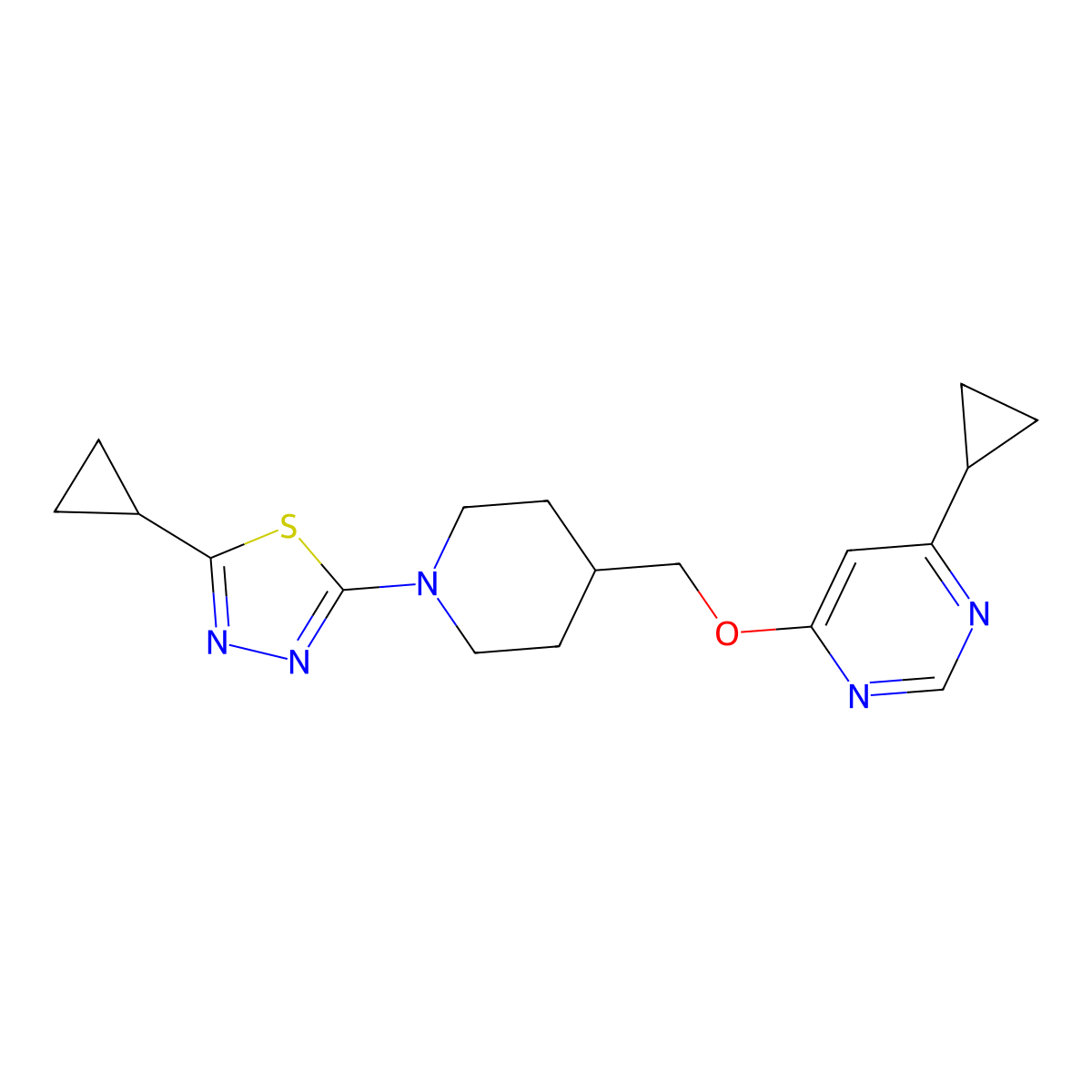 2-Cyclopropyl-5-(4-(((6-cyclopropylpyrimidin-4-yl)oxy)methyl)piperidin-1-yl)-1,3,4-thiadiazole molecular structure, CAS 2309574-51-2