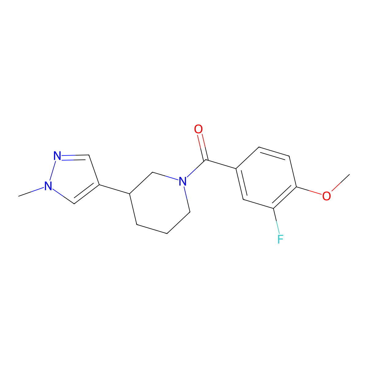 1-(3-fluoro-4-methoxybenzoyl)-3-(1-methyl-1H-pyrazol-4-yl)piperidine molecular structure, CAS 2309574-52-3