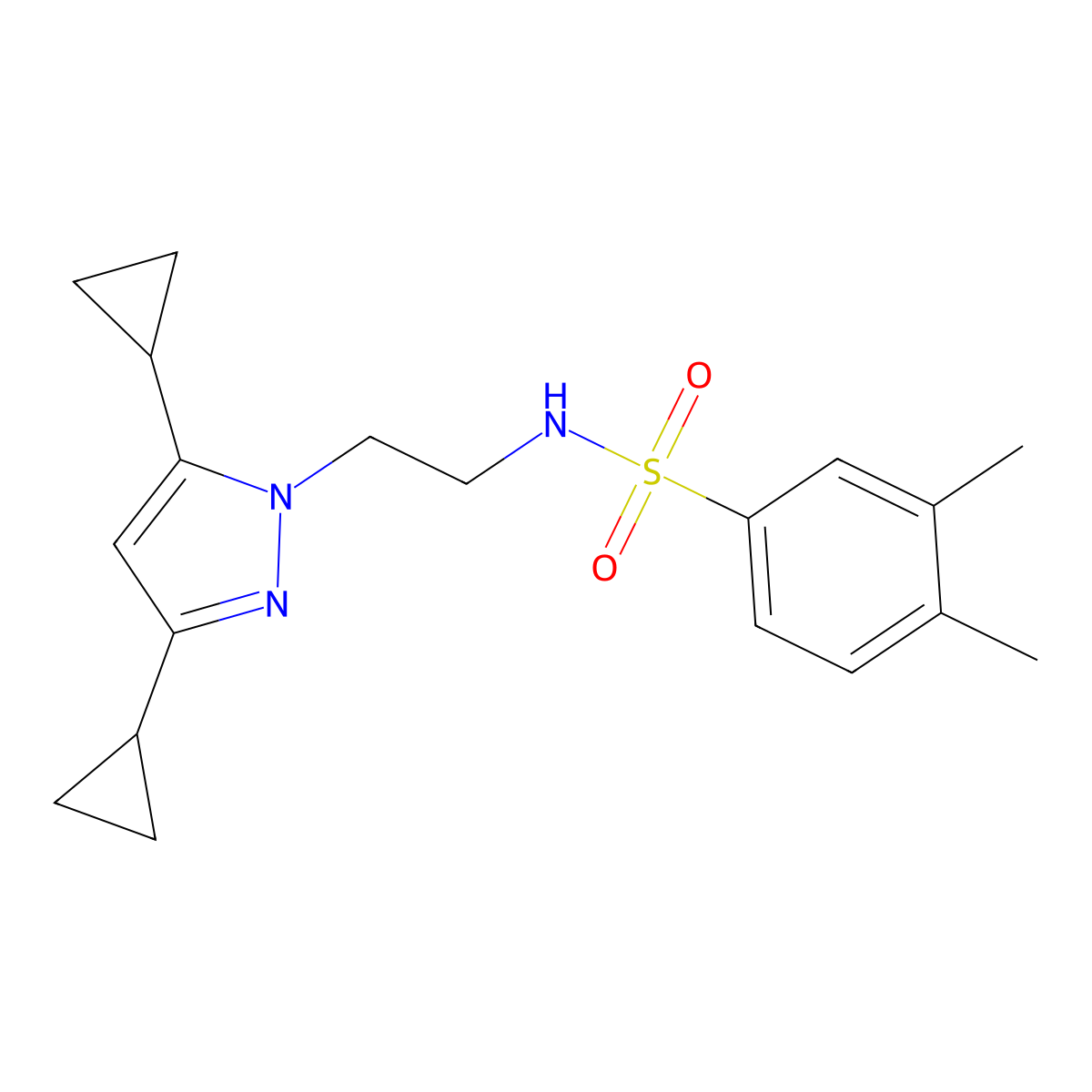 N-(2-(3,5-dicyclopropyl-1H-pyrazol-1-yl)ethyl)-3,4-dimethylbenzenesulfonamide molecular structure, CAS 2309574-61-4