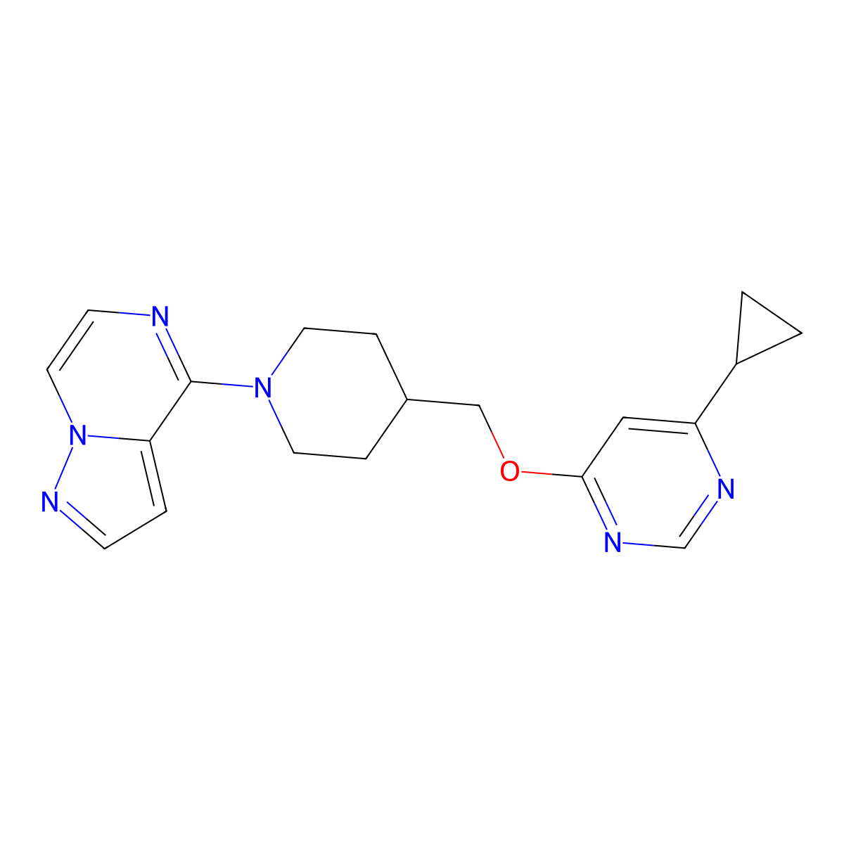 4-Cyclopropyl-6-[(1-{pyrazolo[1,5-a]pyrazin-4-yl}piperidin-4-yl)methoxy]pyrimidine molecular structure, CAS 2309574-65-8