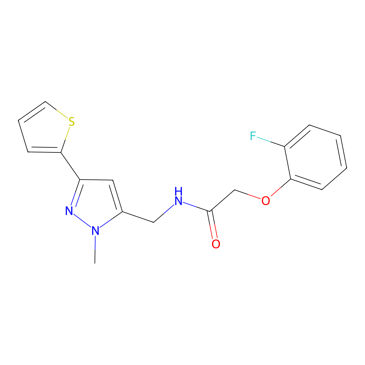 2-(2-fluorophenoxy)-N-{[1-methyl-3-(thiophen-2-yl)-1H-pyrazol-5-yl]methyl}acetamide molecular structure, CAS 2309585-99-5
