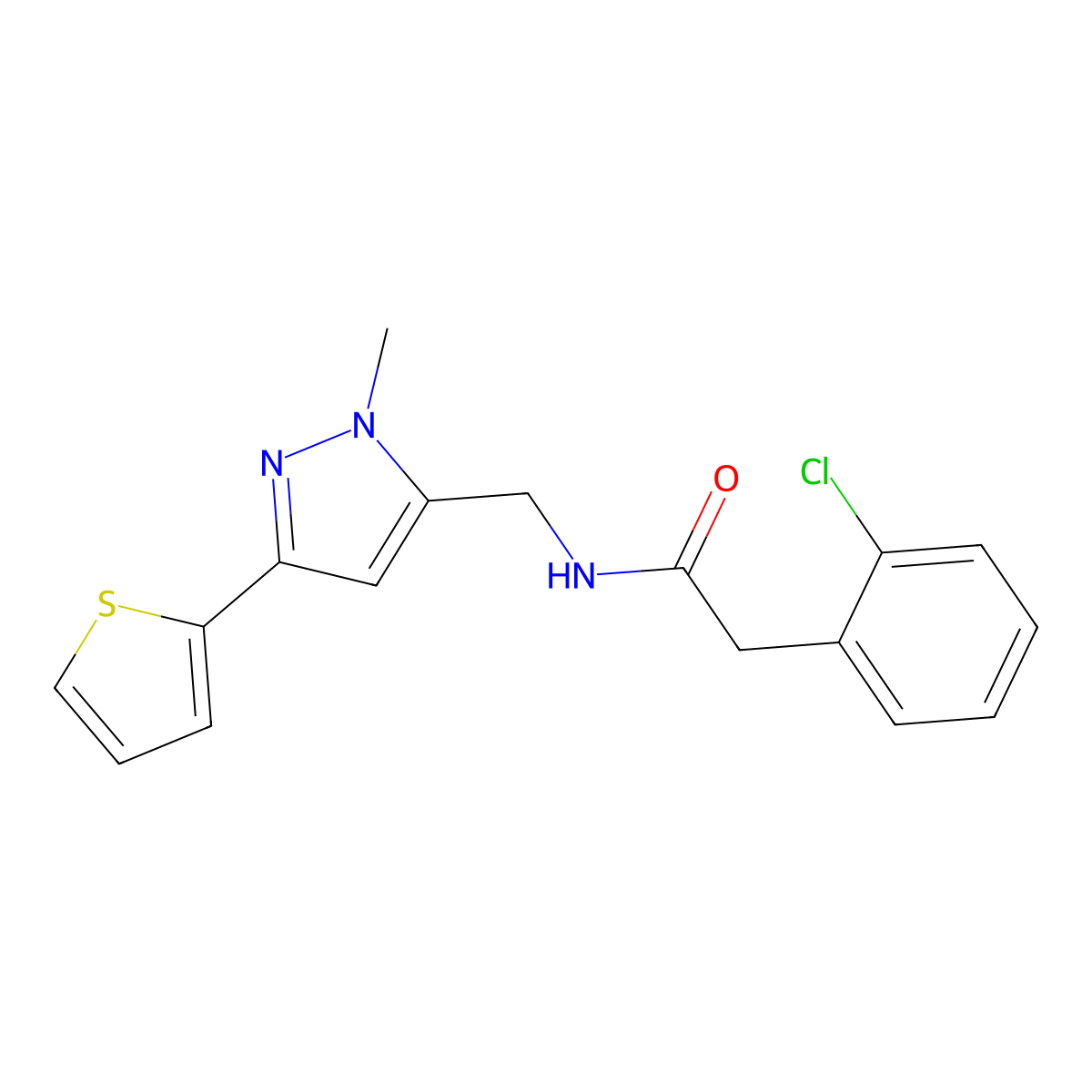 2-(2-chlorophenyl)-N-{[1-methyl-3-(thiophen-2-yl)-1H-pyrazol-5-yl]methyl}acetamide molecular structure, CAS 2309586-17-0