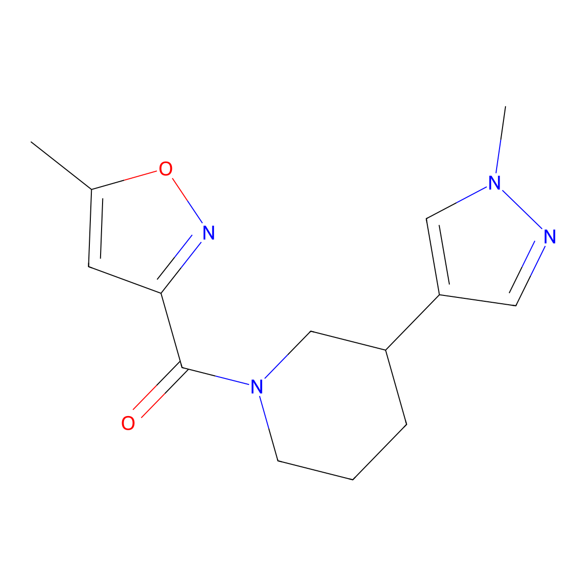1-(5-methyl-1,2-oxazole-3-carbonyl)-3-(1-methyl-1H-pyrazol-4-yl)piperidine molecular structure, CAS 2309586-50-1