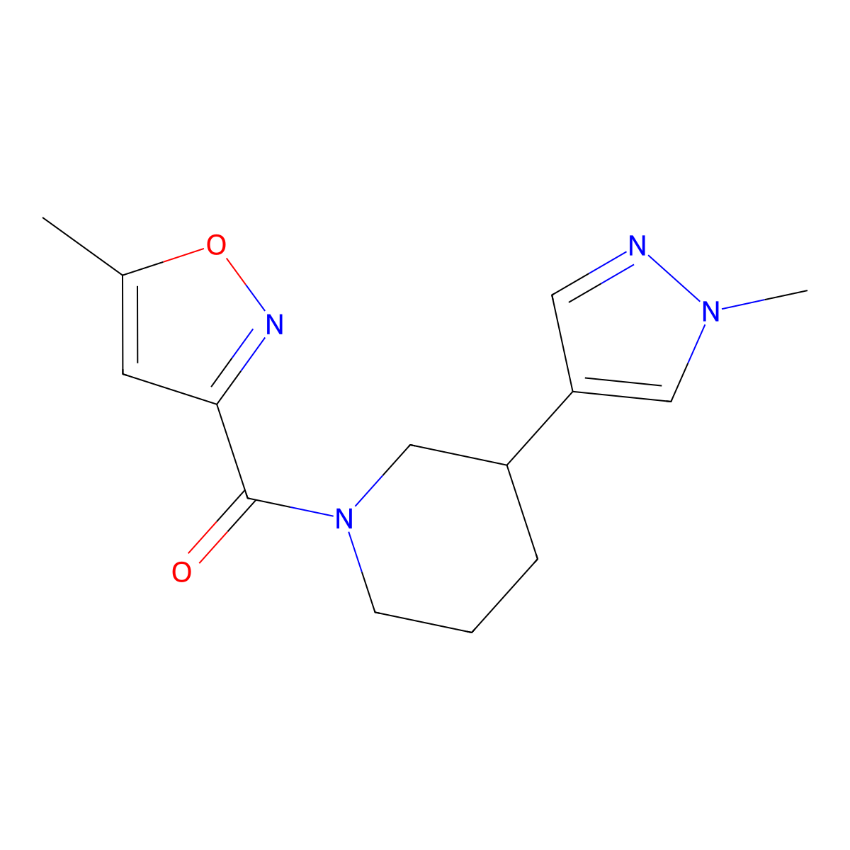 1-(5-methyl-1,2-oxazole-3-carbonyl)-3-(1-methyl-1H-pyrazol-4-yl)piperidine molecular structure, CAS 2309586-50-1